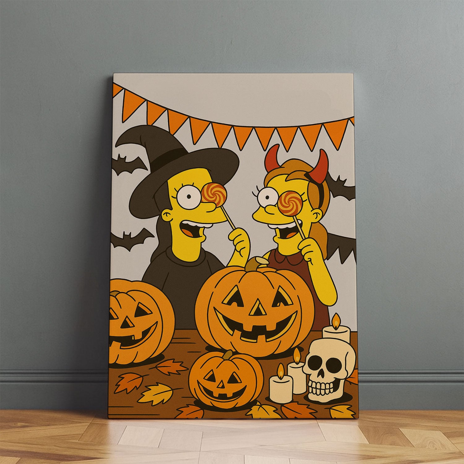 Canvas Art Print - Halloween-Themed Cartoon Characters with Pumpkins and Decorations for Festive Home Decor and Wall Art
 - 1