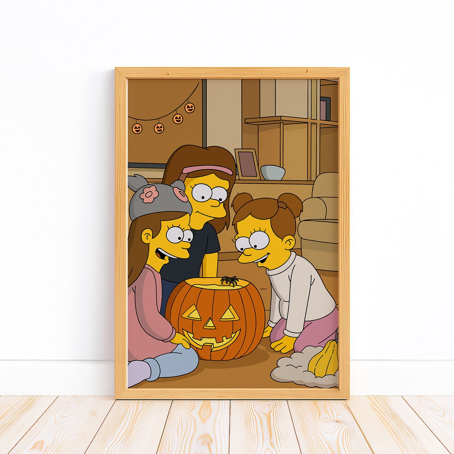 Cartoon Family Halloween Art Print - Whimsical Pumpkin Carving Scene with Kids - Perfect Wall Decor for Spooky Season Vibes
 - 1