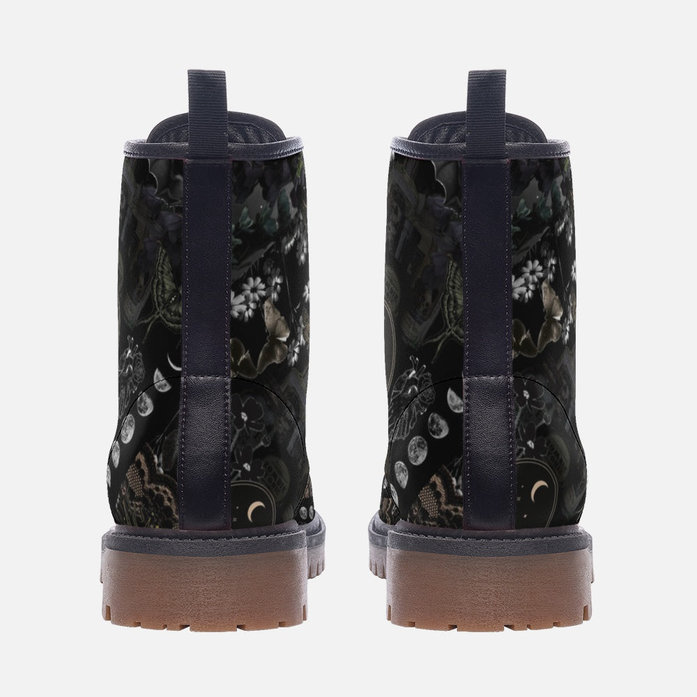 Dark Goth Witchy Moth Moon Leather Boots Casual Lightweight