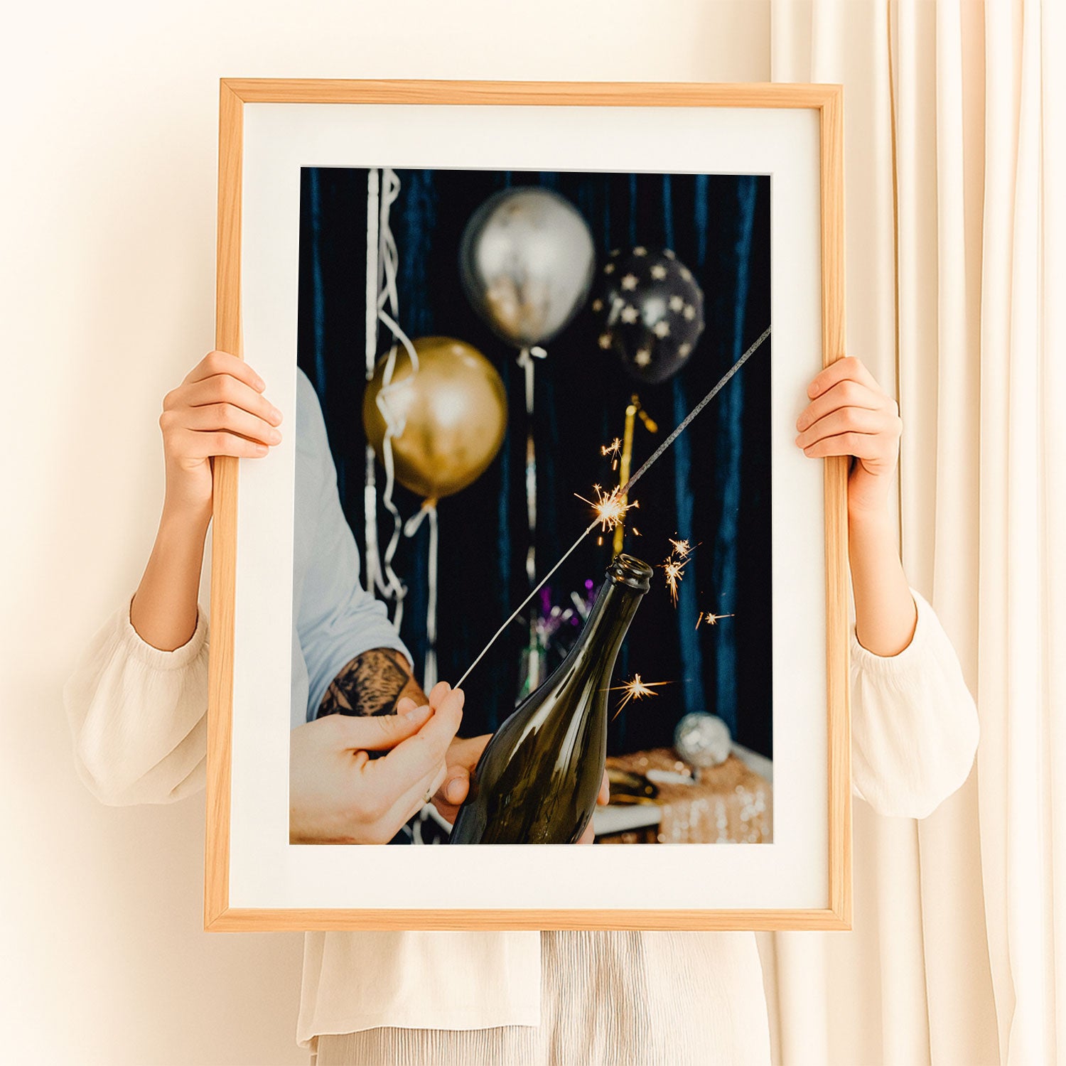 Celebrate in Style: Framed Art Print with Sparklers and Champagne for Party Decor, Event Ambiance, and New Year Celebrations
 - 1