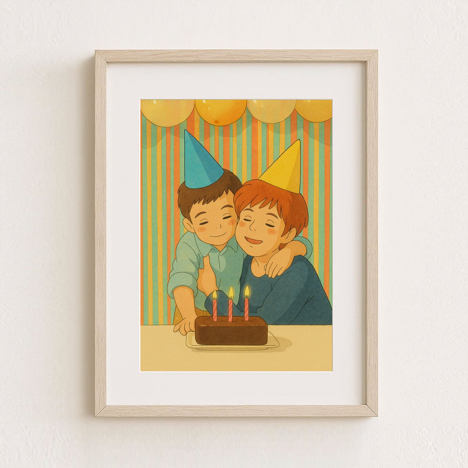Charming Birthday Celebration Art Print Poster for Kids' Room Decor | Cute Illustration with Siblings and Cake | Framed Wall Art
 - 1