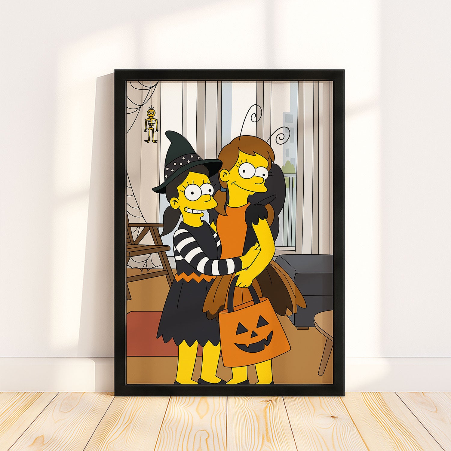 Charming Cartoon Halloween Art Print: Kids in Witch and Pumpkin Costumes - Festive Home Wall Decor for Halloween Celebrations
 - 1