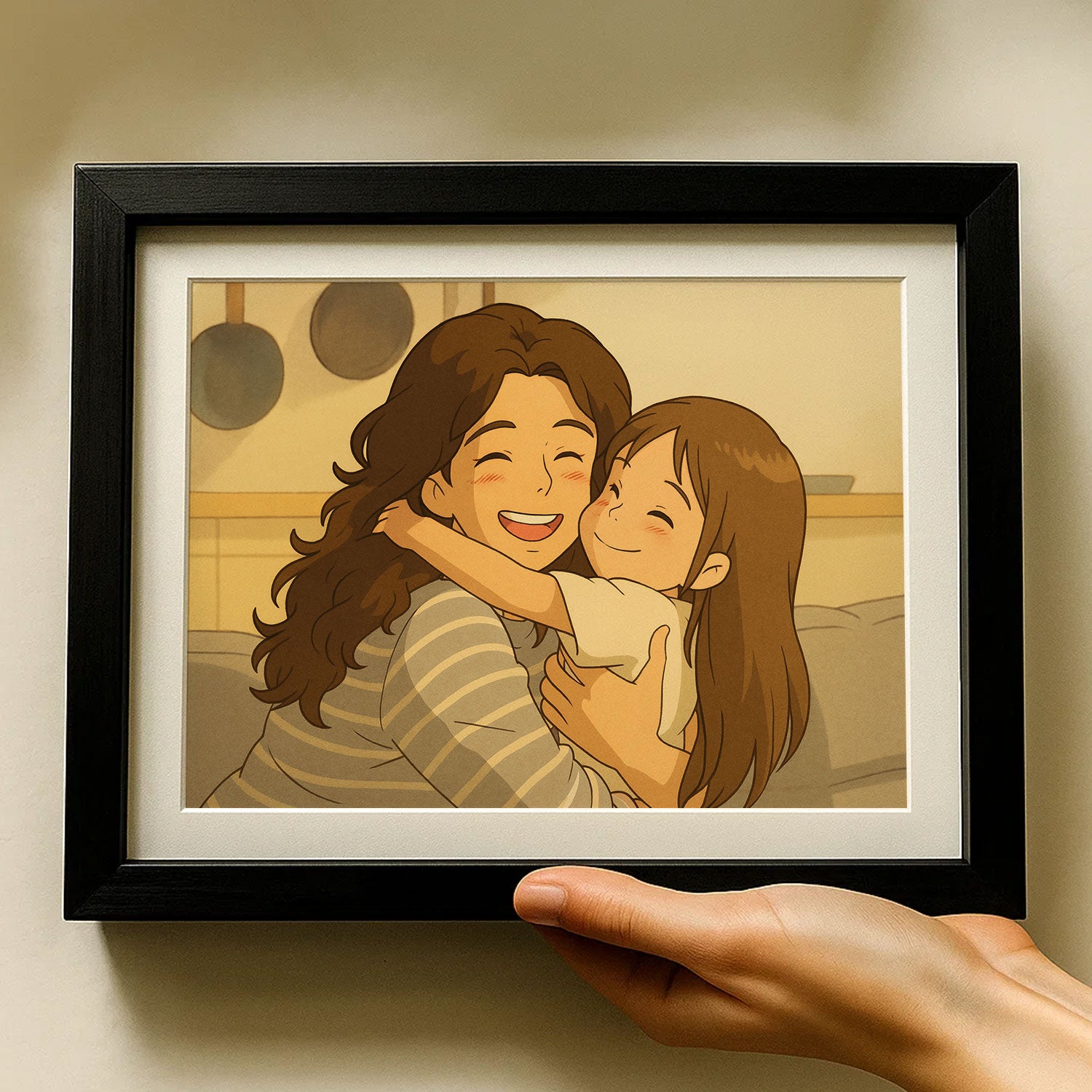 Charming Sisterly Bond: Joyful Anime-Inspired Art Print of Two Girls Smiling Together
 - 1