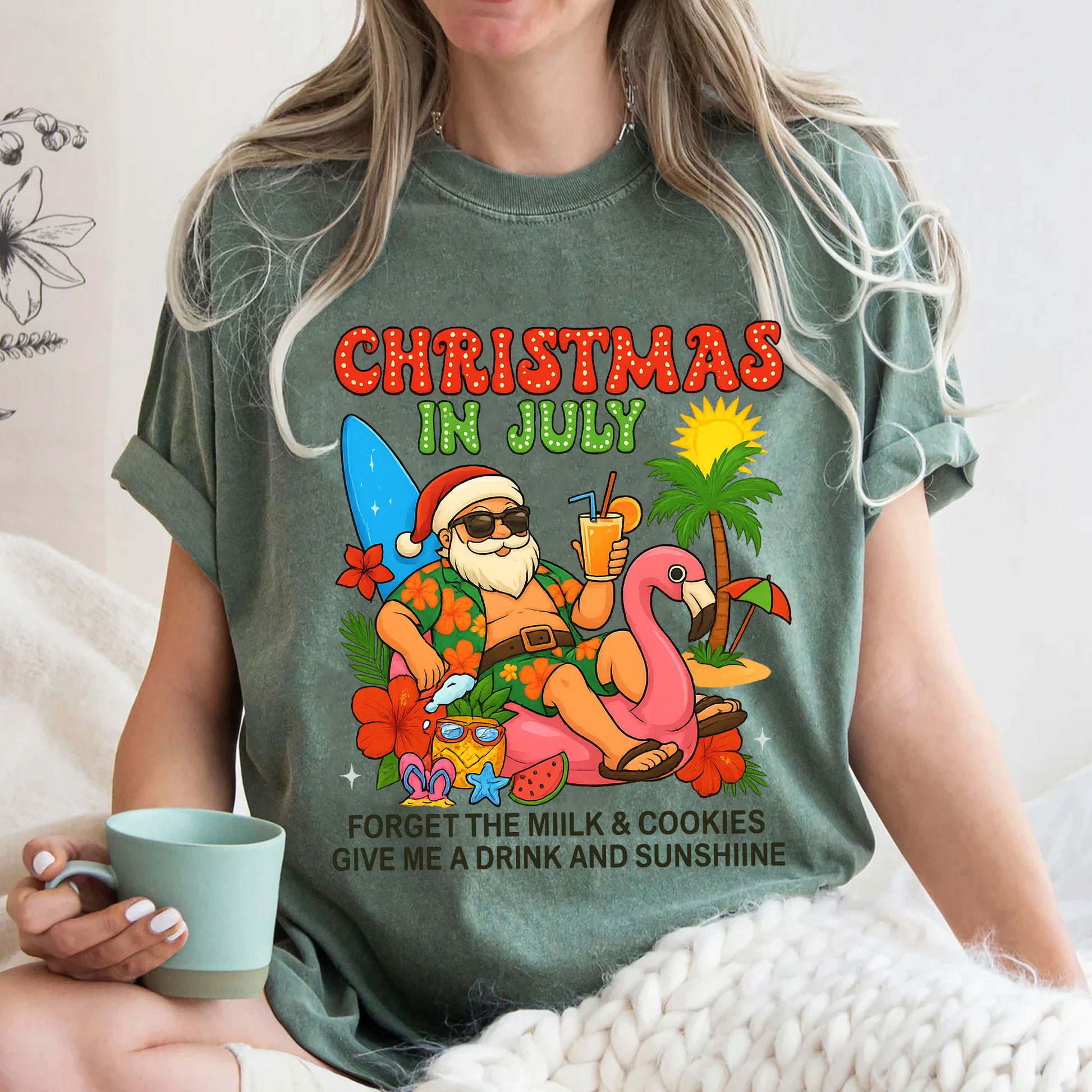 Christmas in July Festive T-Shirt - Fun Santa Summer Vibes with Flamingo and Tropical Design, Cool Holiday Graphic Tee for Beach Parties
 - 3