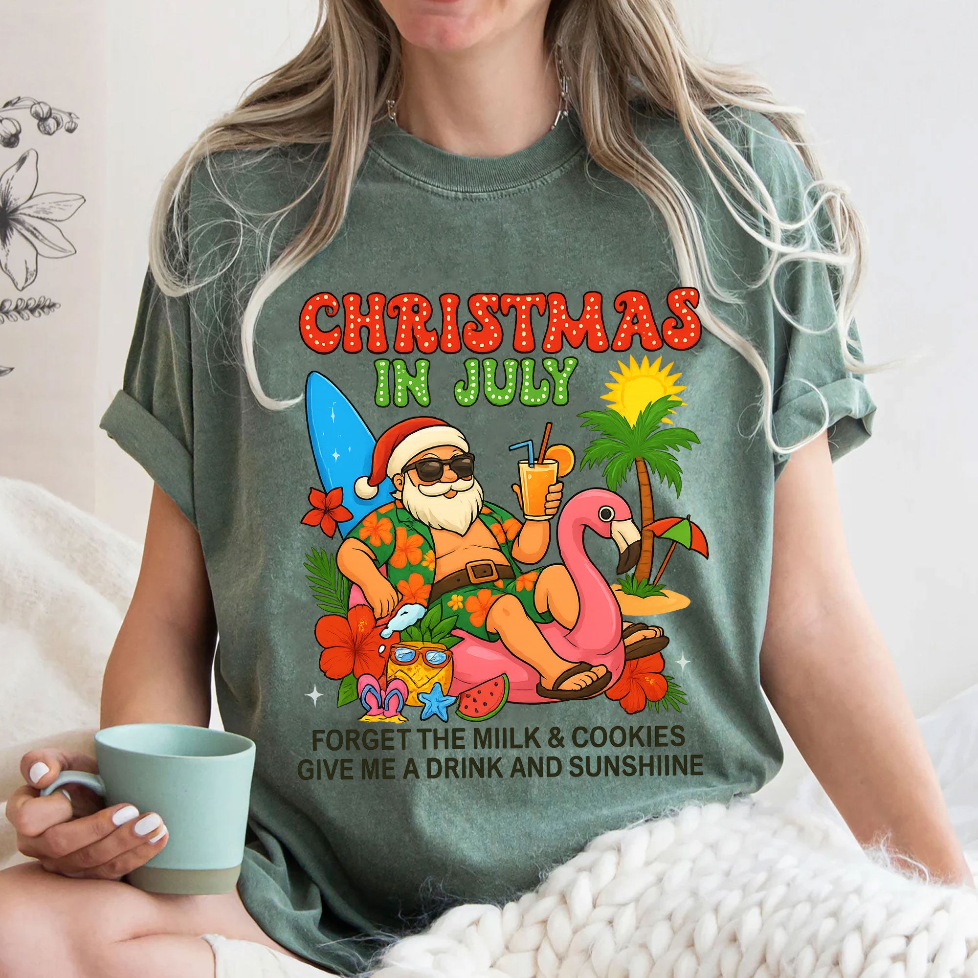Christmas in July Festive T-Shirt - Fun Santa Summer Vibes with Flamingo and Tropical Design, Cool Holiday Graphic Tee for Beach Parties
 - 3