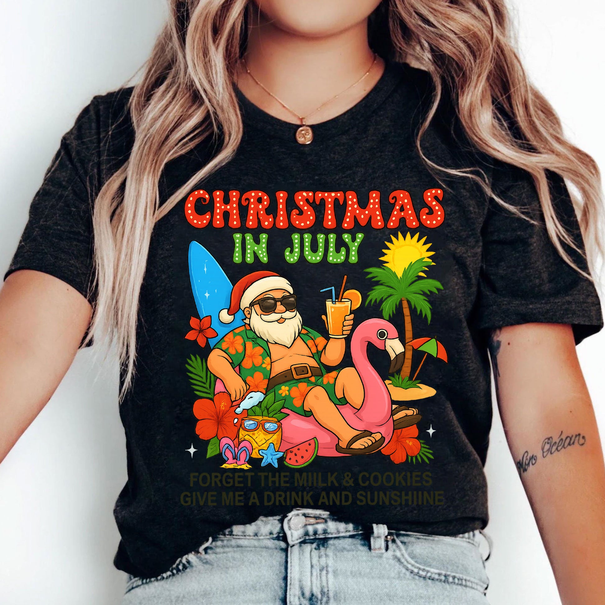 Christmas in July Festive T-Shirt - Fun Santa Summer Vibes with Flamingo and Tropical Design, Cool Holiday Graphic Tee for Beach Parties
 - 5