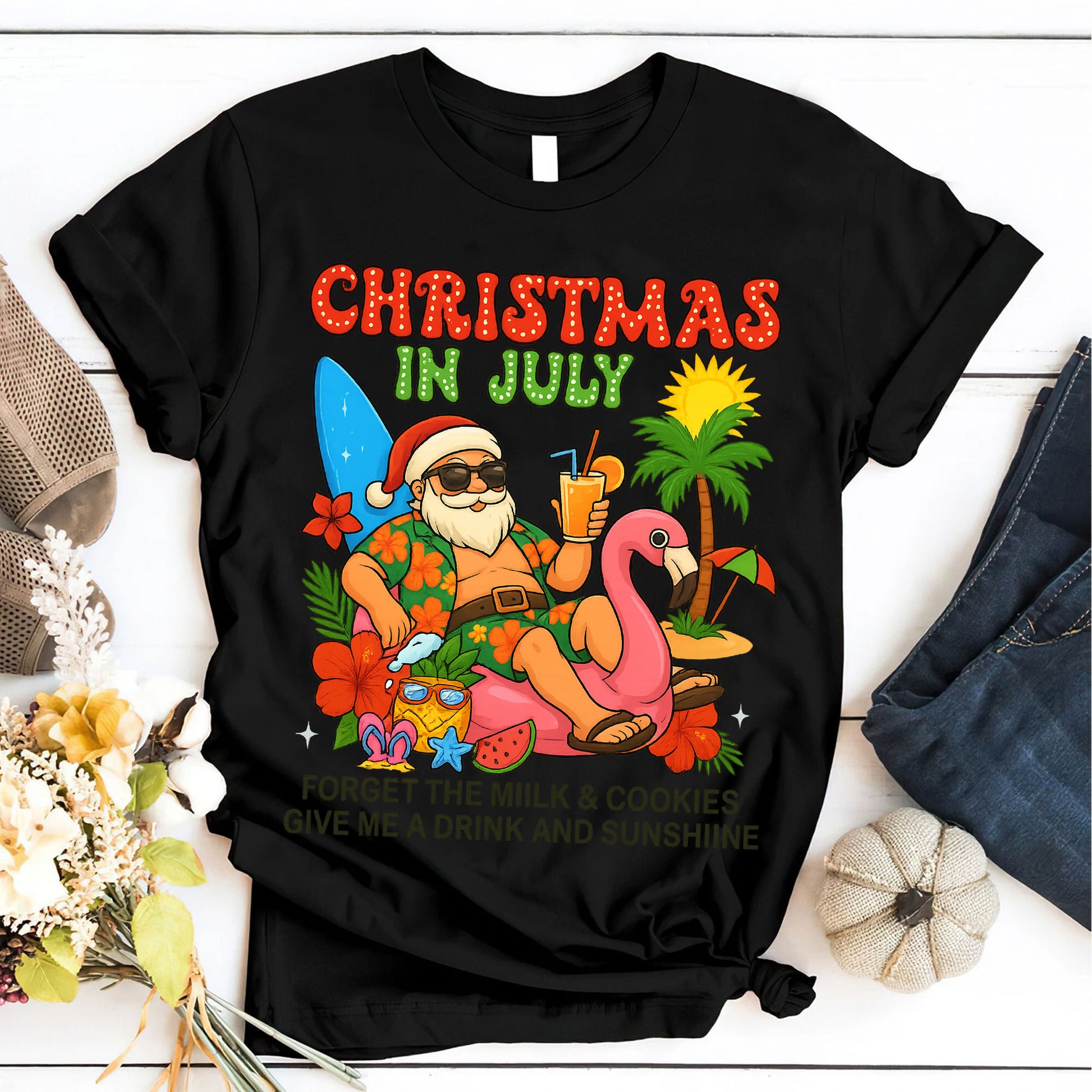 Christmas in July Festive T-Shirt - Fun Santa Summer Vibes with Flamingo and Tropical Design, Cool Holiday Graphic Tee for Beach Parties
 - 6