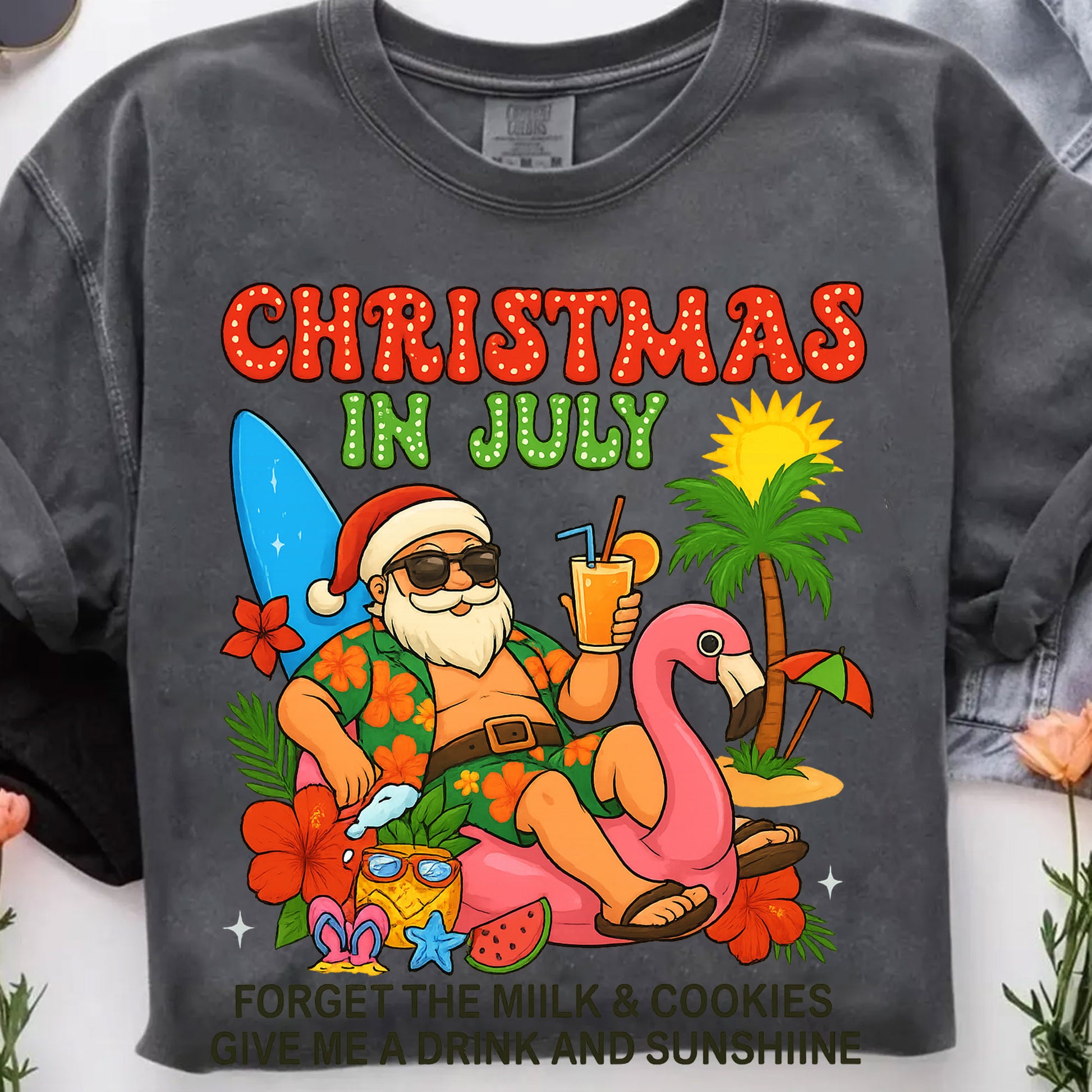 Christmas in July Festive T-Shirt - Fun Santa Summer Vibes with Flamingo and Tropical Design, Cool Holiday Graphic Tee for Beach Parties
 - 7