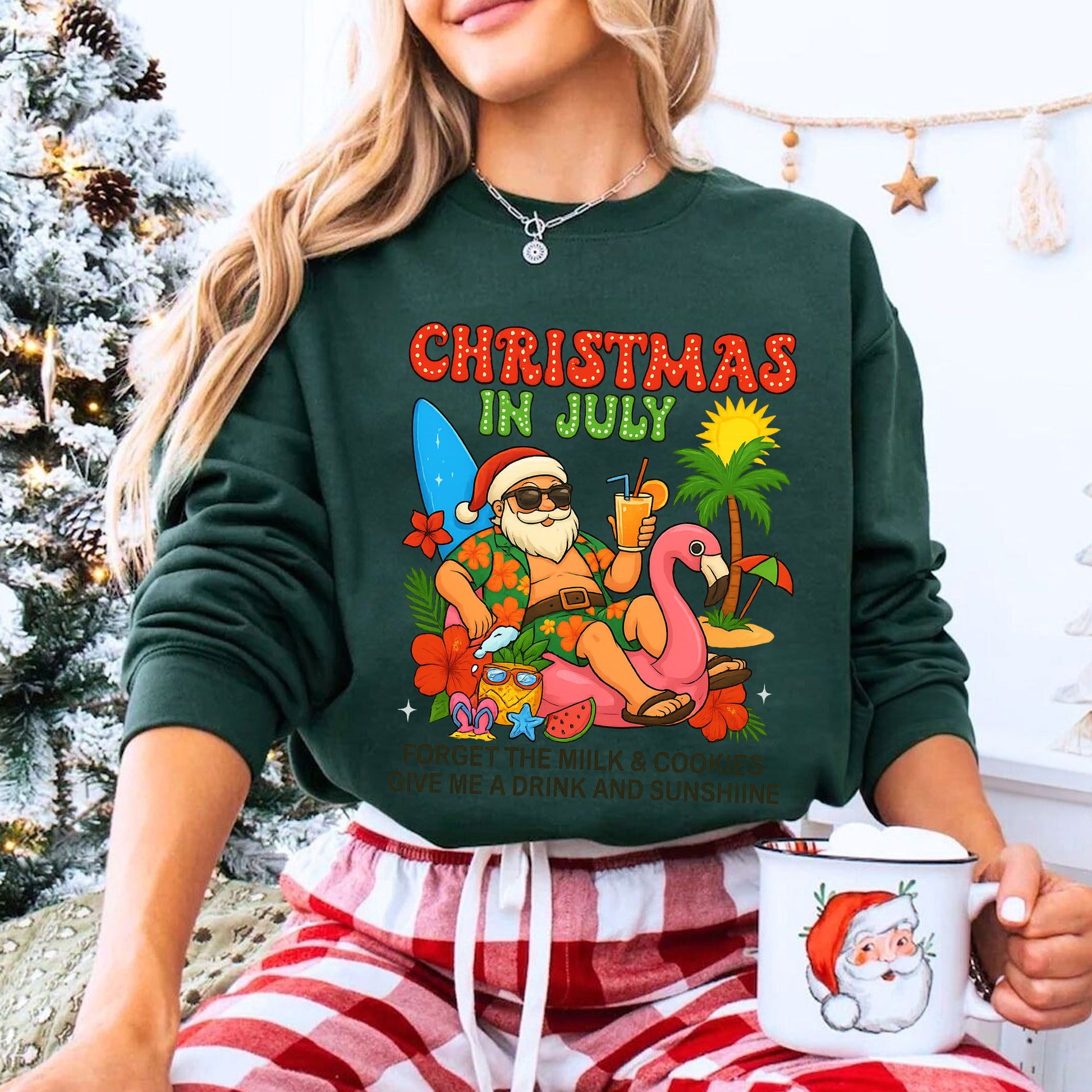 Christmas in July Festive T-Shirt - Fun Santa Summer Vibes with Flamingo and Tropical Design, Cool Holiday Graphic Tee for Beach Parties
 - 8