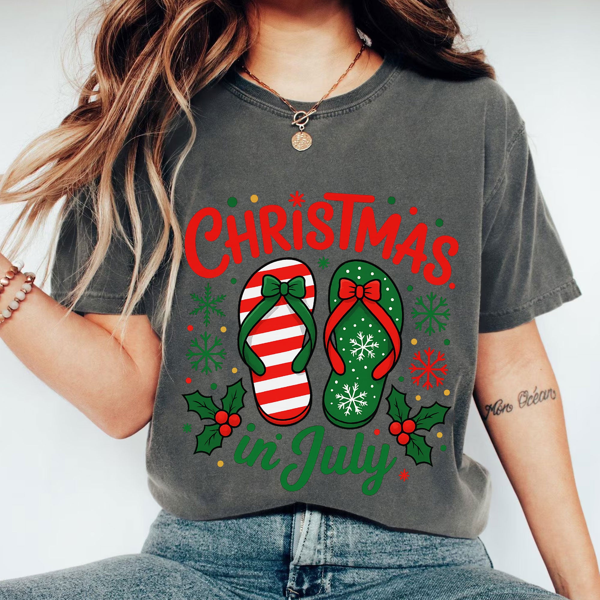 Christmas in July Graphic Tee - Festive Flip Flop Design, Holiday Vibes, Comfortable Summer Shirt, Perfect for Seasonal Celebrations
 - 1