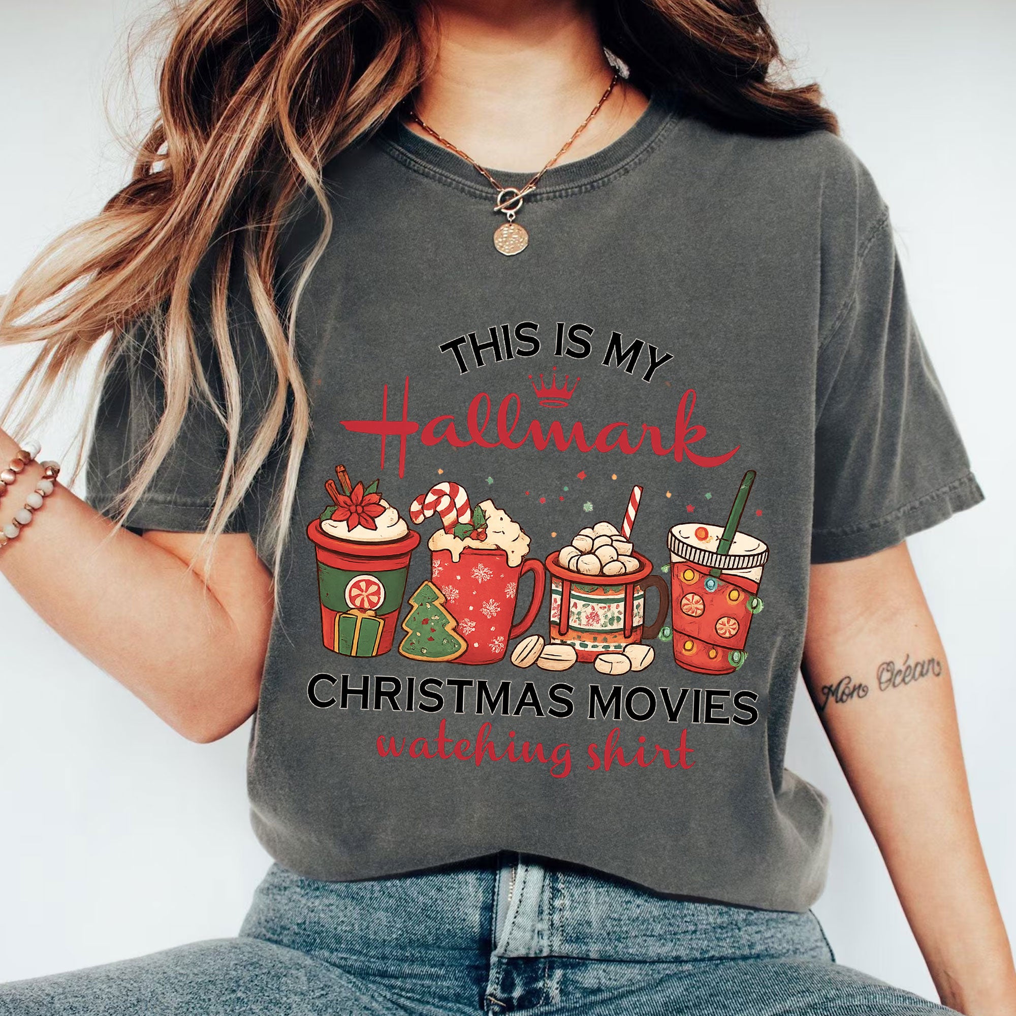 Comfortable Christmas Movie Watching T-Shirt - Festive Hallmark Holiday Apparel with Fun Hot Cocoa Mug Design for Cozy Nights In
 - 1