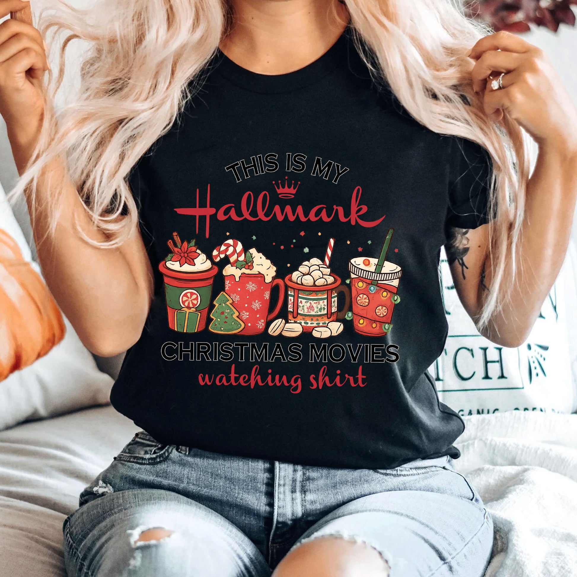 Comfortable Christmas Movie Watching T-Shirt - Festive Hallmark Holiday Apparel with Fun Hot Cocoa Mug Design for Cozy Nights In
 - 4