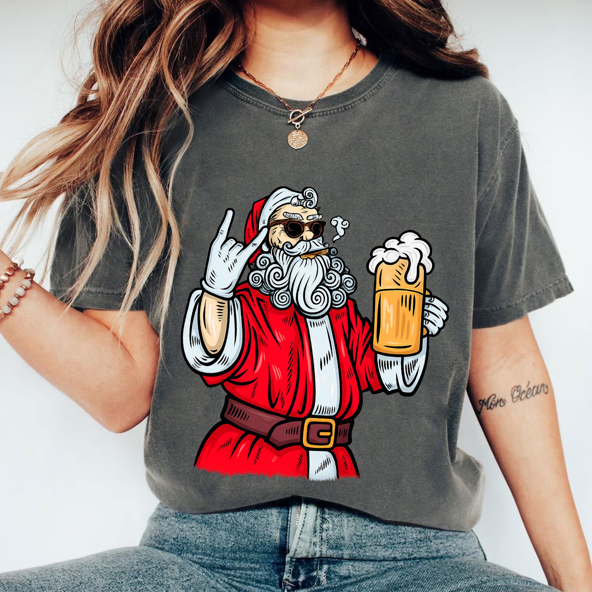 Cool Santa Graphic T-Shirt for Women - Retro Christmas Style with Beer and Rock Gesture - Funny Festive Holiday Party Tee
 - 1