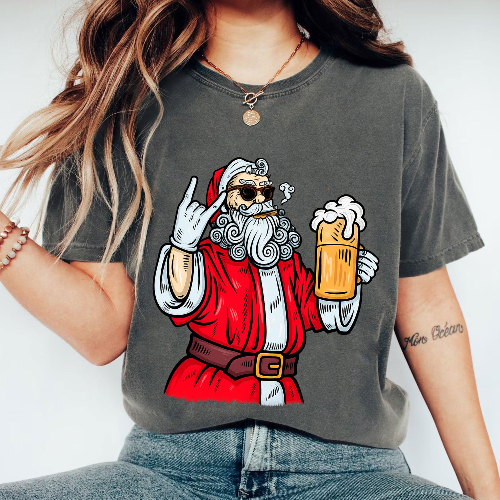 Cool Santa Graphic T-Shirt for Women - Retro Christmas Style with Beer and Rock Gesture - Funny Festive Holiday Party Tee
 - 1