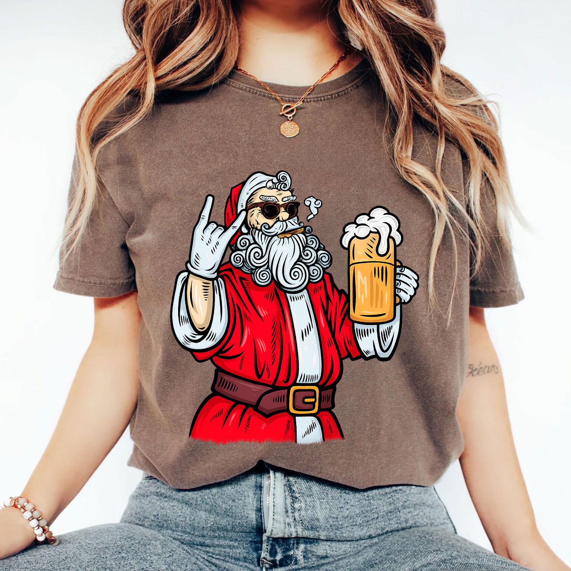 Cool Santa Graphic T-Shirt for Women - Retro Christmas Style with Beer and Rock Gesture - Funny Festive Holiday Party Tee
 - 2