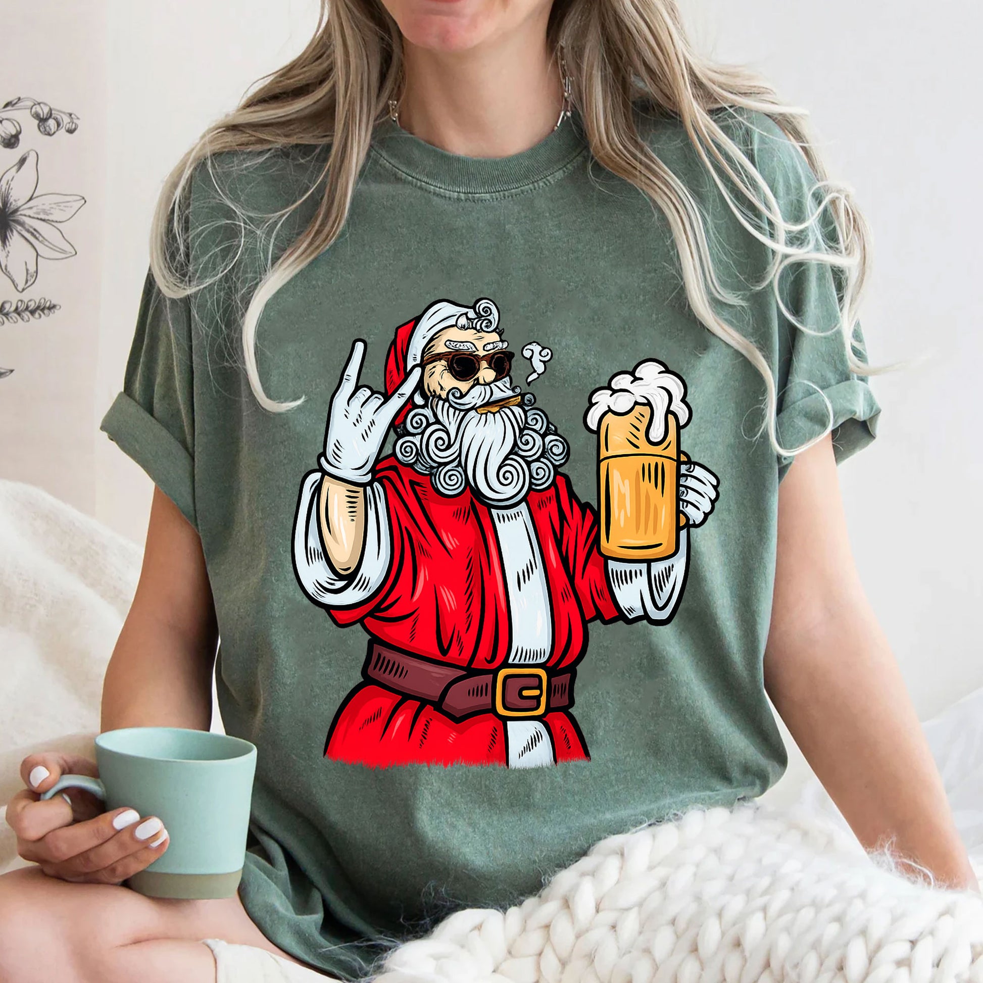 Cool Santa Graphic T-Shirt for Women - Retro Christmas Style with Beer and Rock Gesture - Funny Festive Holiday Party Tee
 - 3