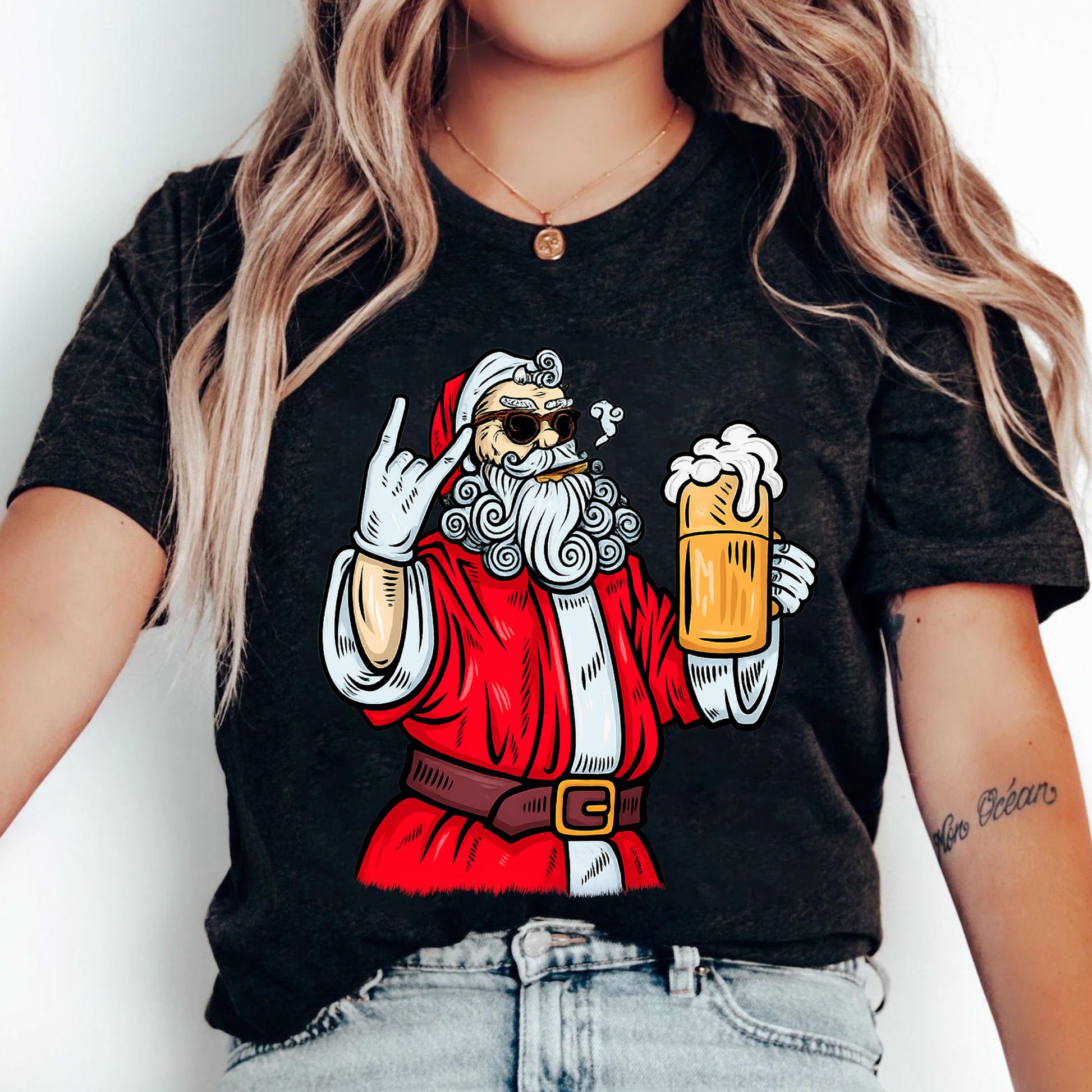 Cool Santa Graphic T-Shirt for Women - Retro Christmas Style with Beer and Rock Gesture - Funny Festive Holiday Party Tee
 - 5