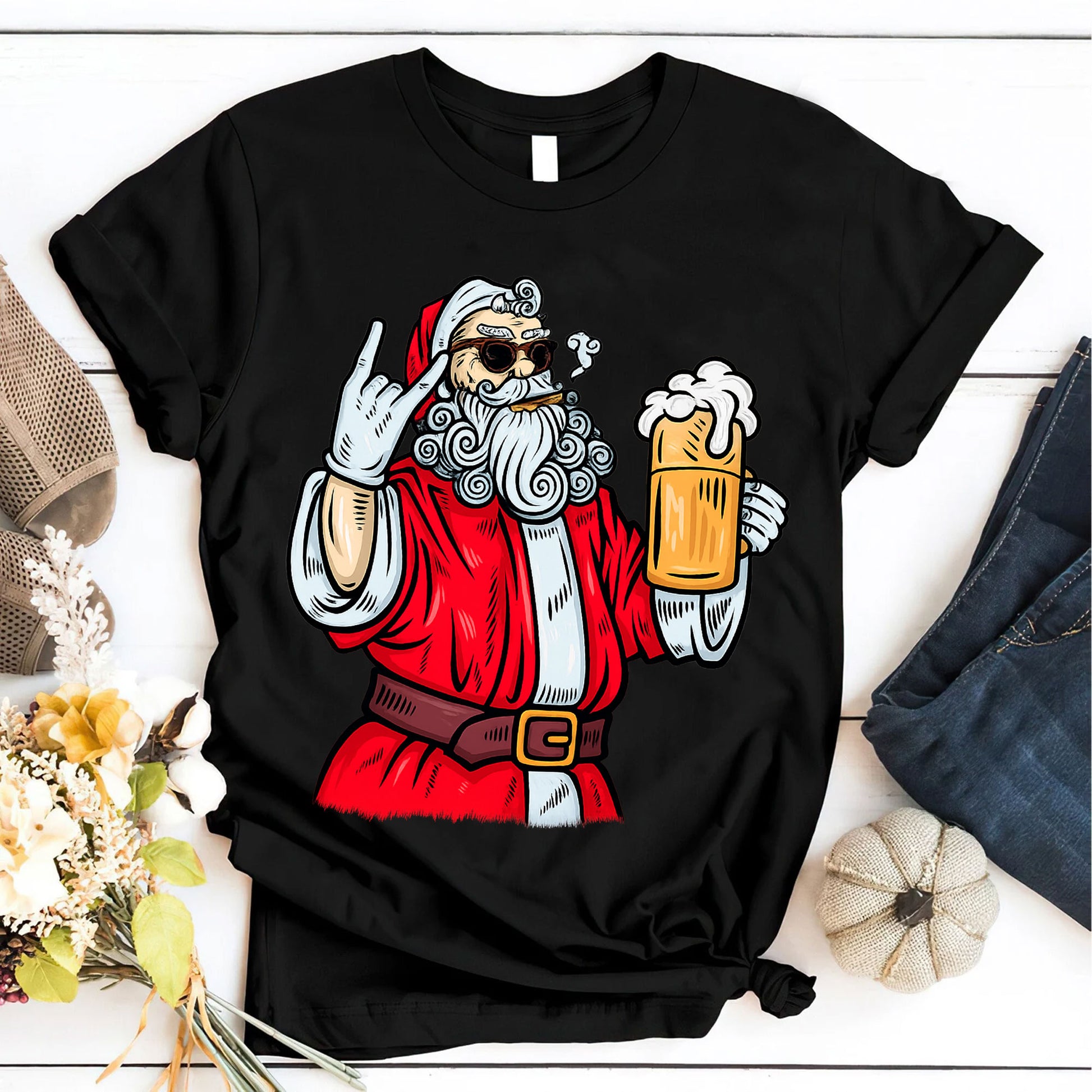 Cool Santa Graphic T-Shirt for Women - Retro Christmas Style with Beer and Rock Gesture - Funny Festive Holiday Party Tee
 - 6