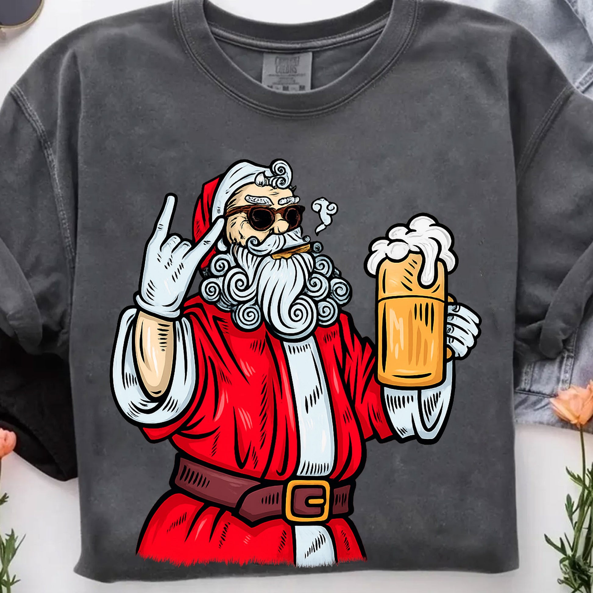 Cool Santa Graphic T-Shirt for Women - Retro Christmas Style with Beer and Rock Gesture - Funny Festive Holiday Party Tee
 - 7