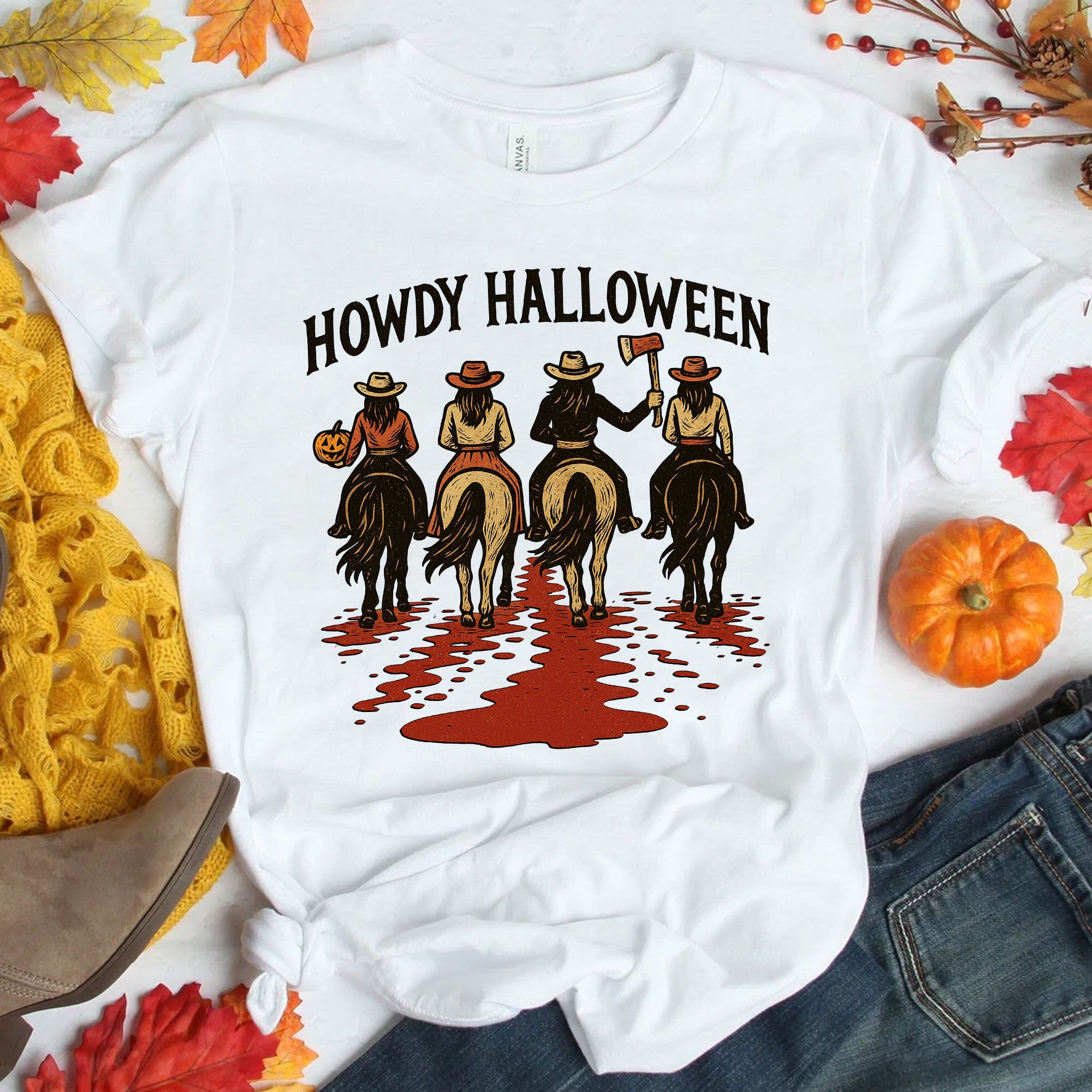 Cowboy Themed Halloween Graphic Tee - Vintage Western Horseback Riders Spooky Fall Shirt - Casual Women’s Seasonal T-Shirt
 - 1