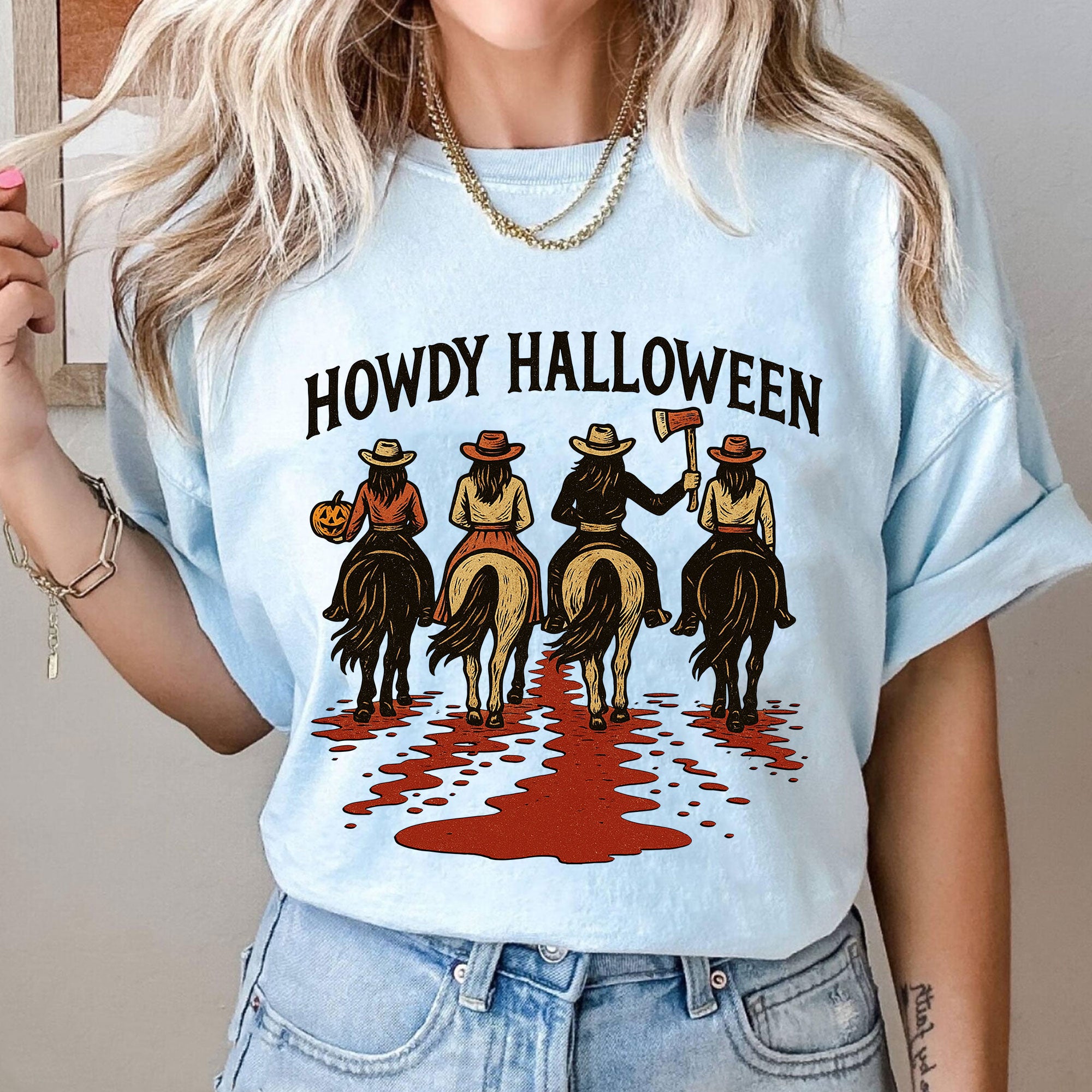 Cowboy Themed Halloween Graphic Tee - Vintage Western Horseback Riders Spooky Fall Shirt - Casual Women’s Seasonal T-Shirt
 - 10