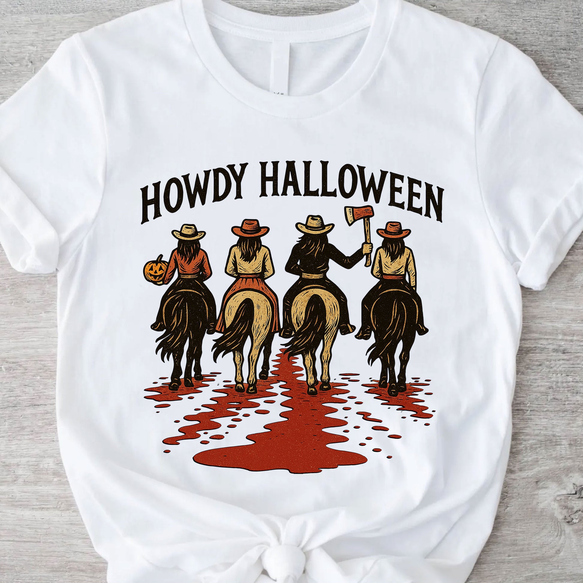 Cowboy Themed Halloween Graphic Tee - Vintage Western Horseback Riders Spooky Fall Shirt - Casual Women’s Seasonal T-Shirt
 - 11