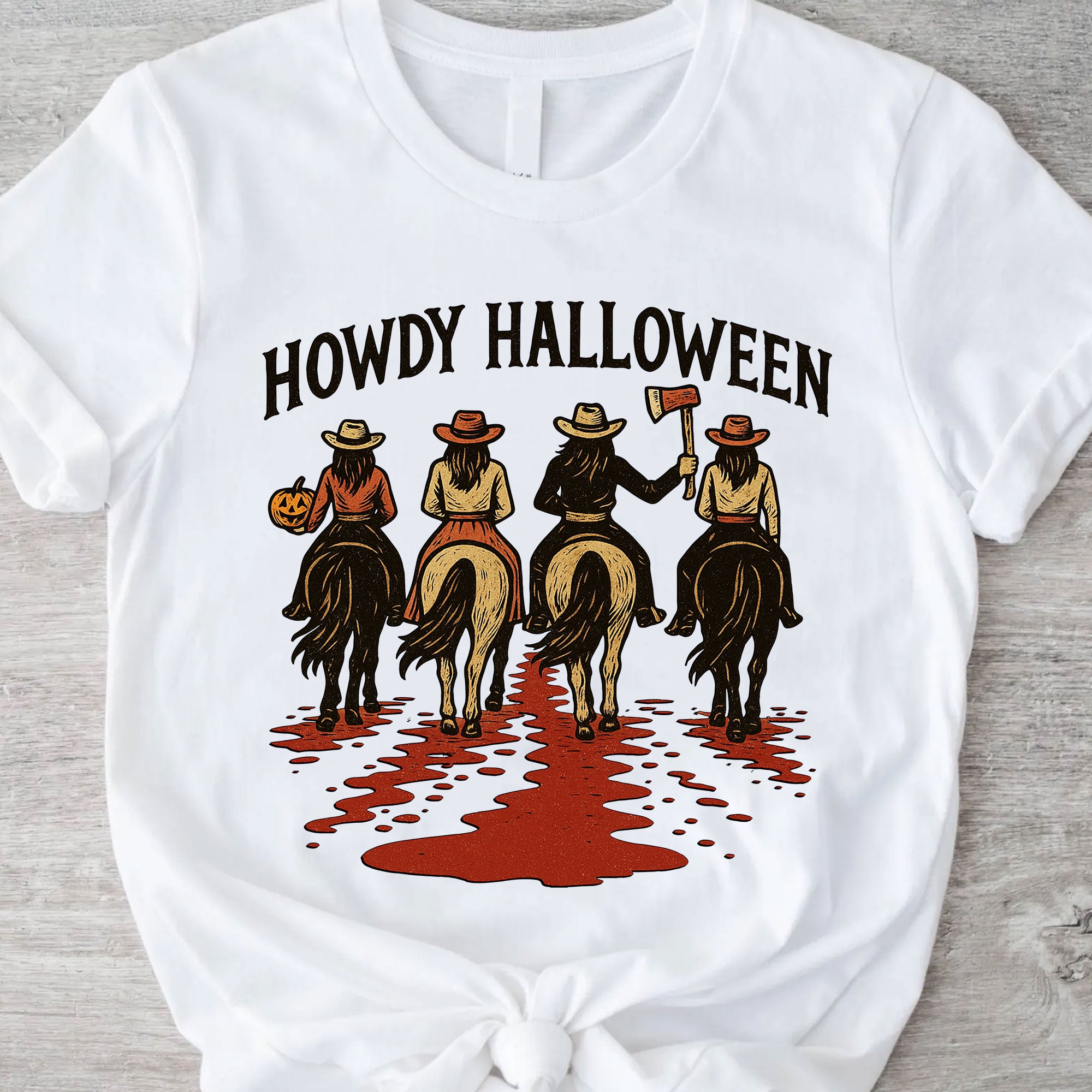 Cowboy Themed Halloween Graphic Tee - Vintage Western Horseback Riders Spooky Fall Shirt - Casual Women’s Seasonal T-Shirt
 - 11
