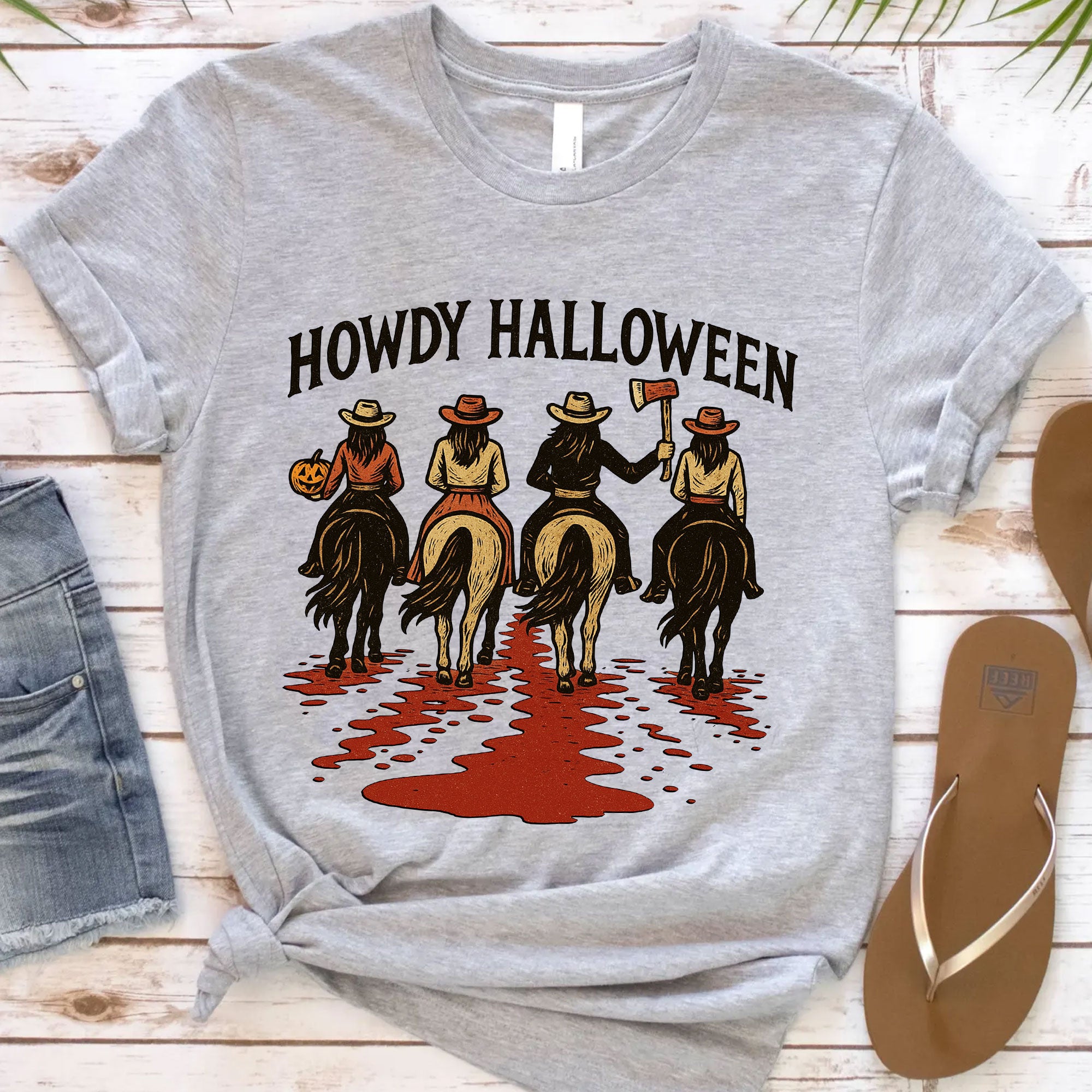 Cowboy Themed Halloween Graphic Tee - Vintage Western Horseback Riders Spooky Fall Shirt - Casual Women’s Seasonal T-Shirt
 - 12