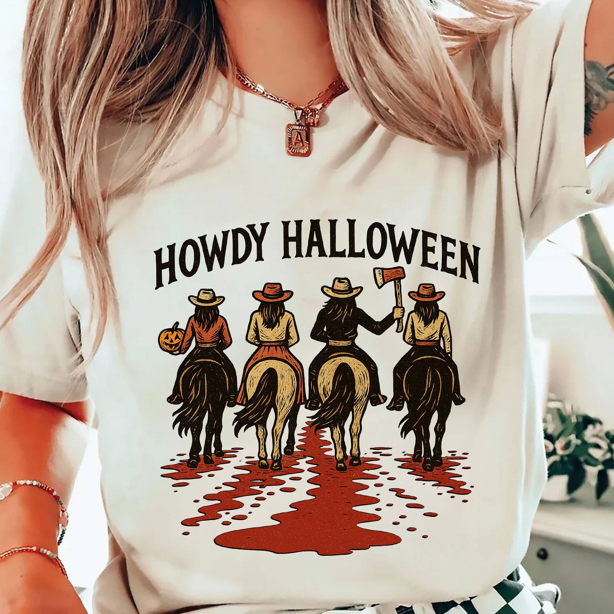 Cowboy Themed Halloween Graphic Tee - Vintage Western Horseback Riders Spooky Fall Shirt - Casual Women’s Seasonal T-Shirt
 - 2