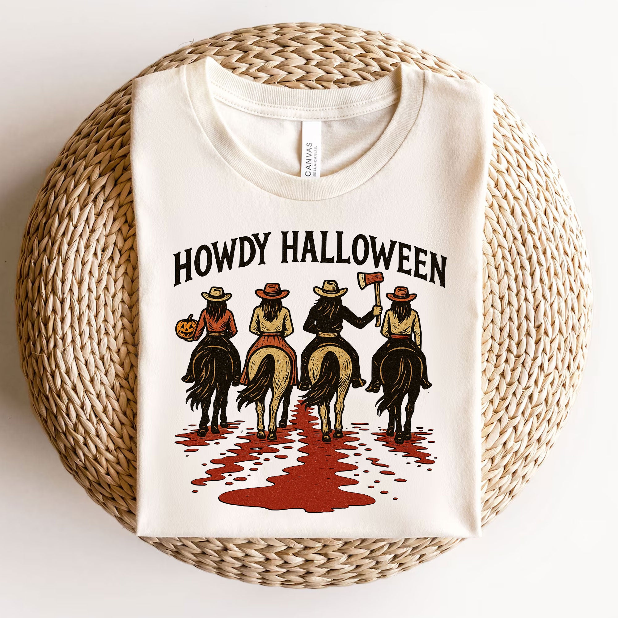 Cowboy Themed Halloween Graphic Tee - Vintage Western Horseback Riders Spooky Fall Shirt - Casual Women’s Seasonal T-Shirt
 - 3