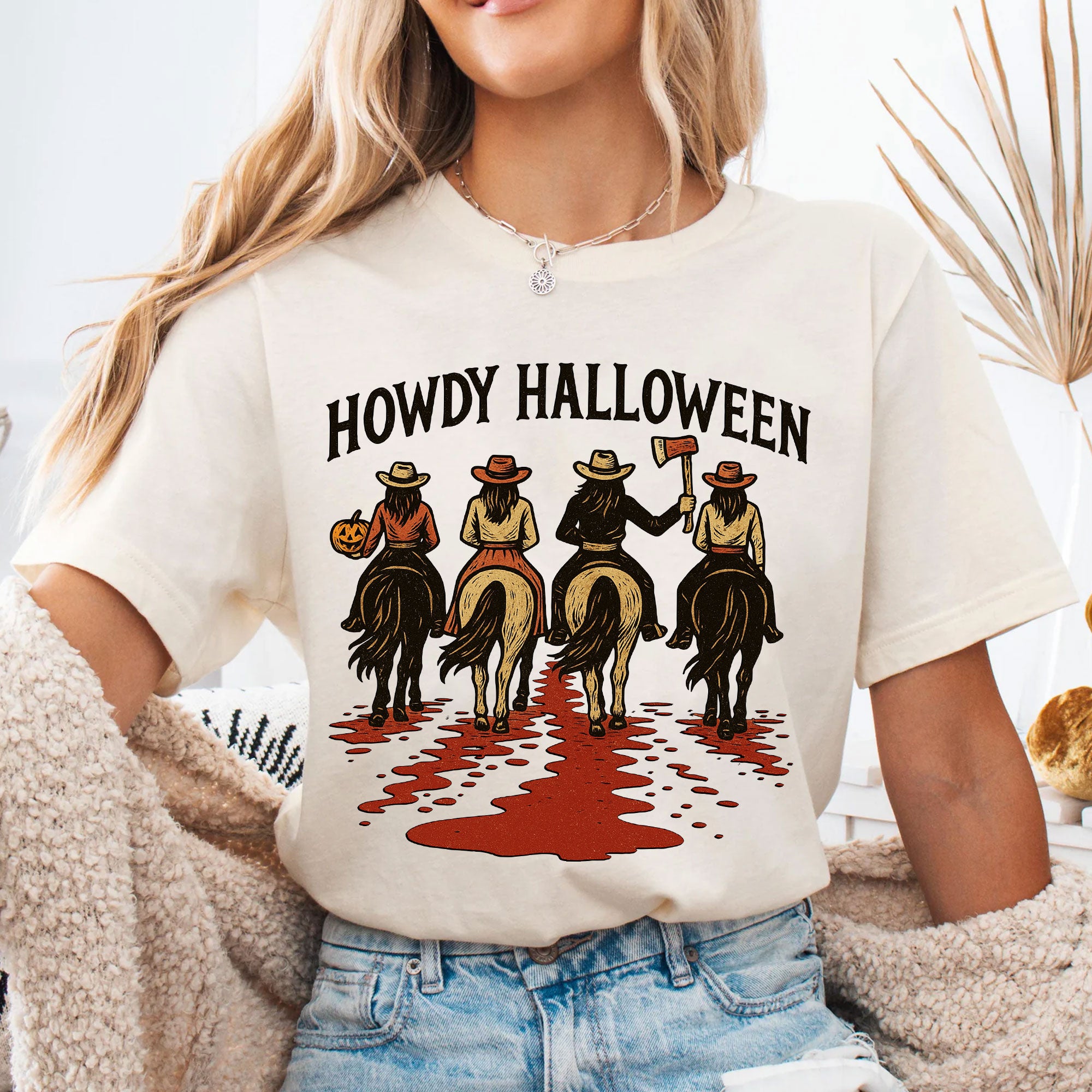 Cowboy Themed Halloween Graphic Tee - Vintage Western Horseback Riders Spooky Fall Shirt - Casual Women’s Seasonal T-Shirt
 - 4