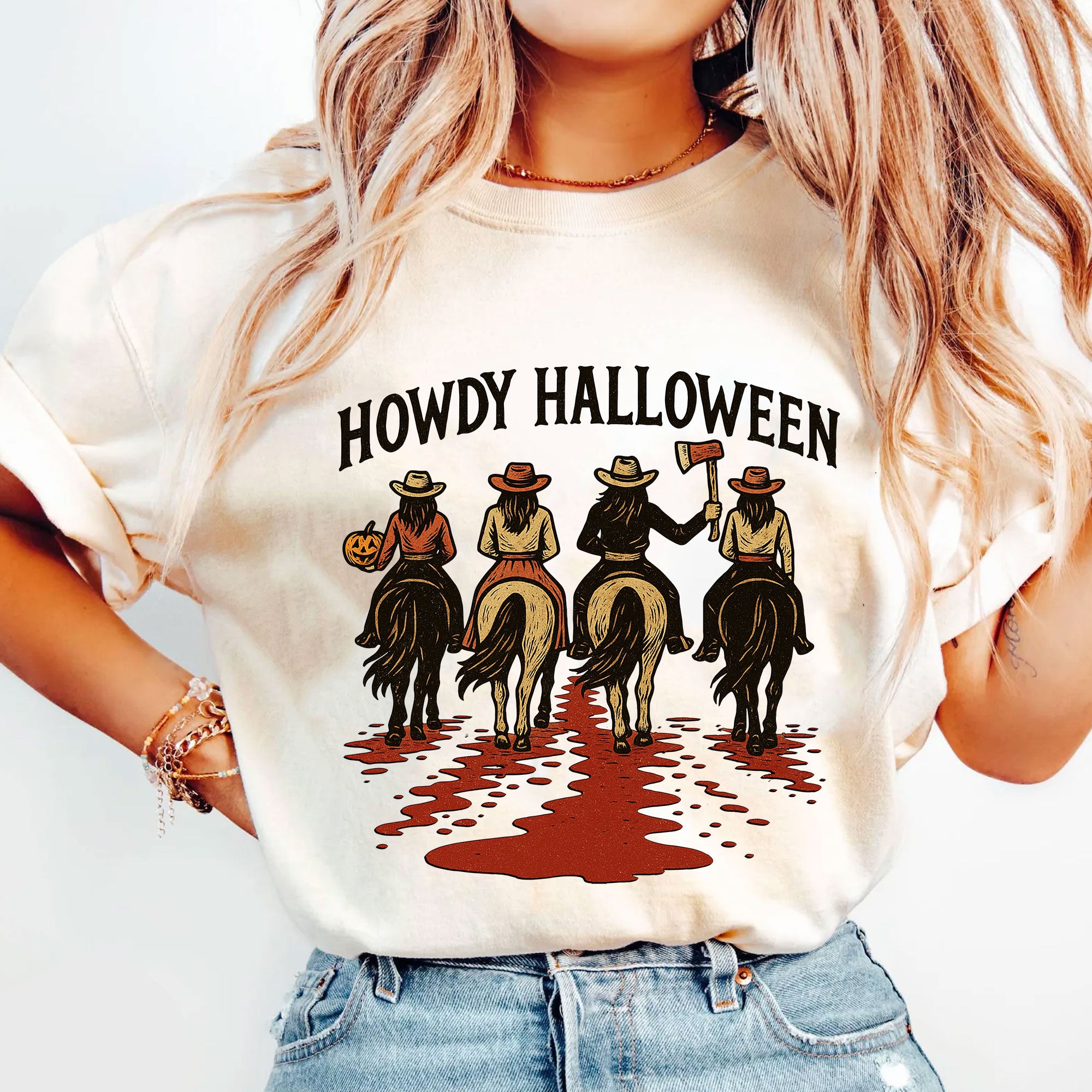 Cowboy Themed Halloween Graphic Tee - Vintage Western Horseback Riders Spooky Fall Shirt - Casual Women’s Seasonal T-Shirt
 - 5