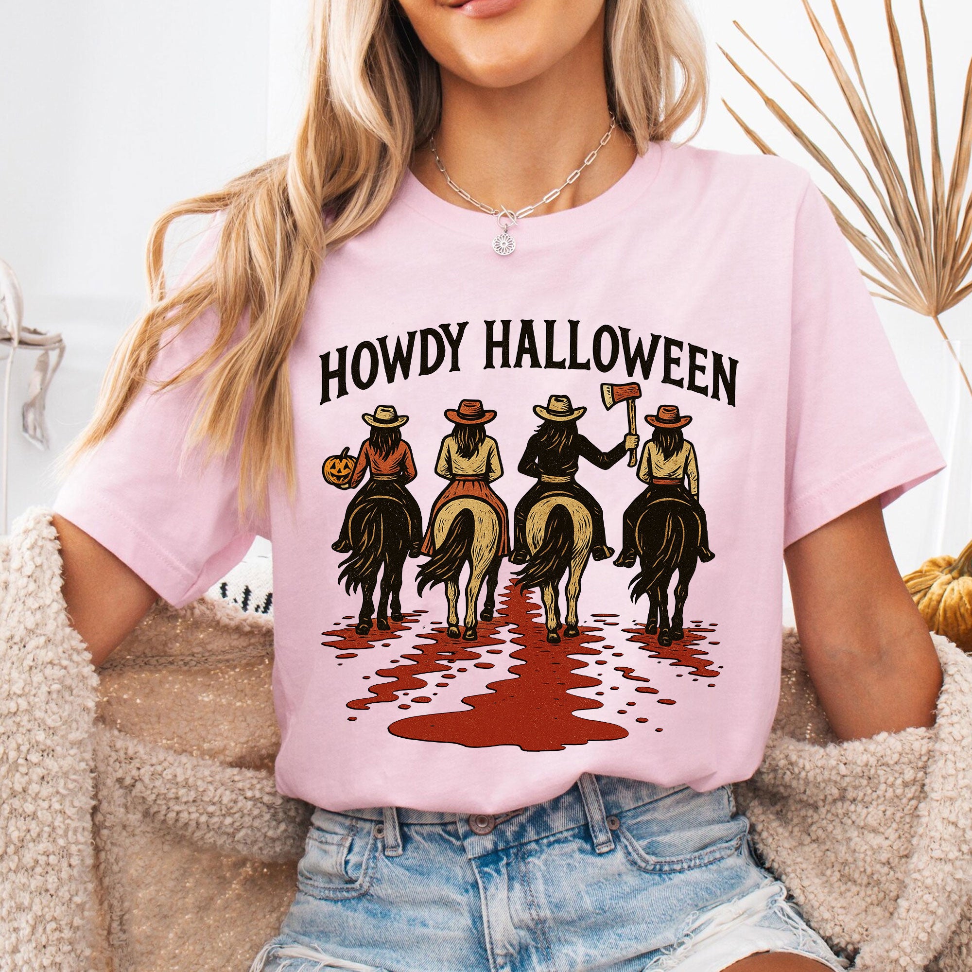 Cowboy Themed Halloween Graphic Tee - Vintage Western Horseback Riders Spooky Fall Shirt - Casual Women’s Seasonal T-Shirt
 - 6