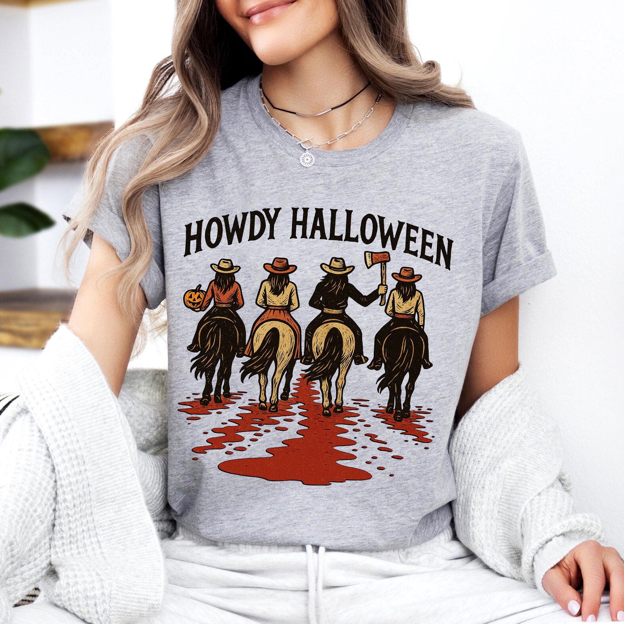 Cowboy Themed Halloween Graphic Tee - Vintage Western Horseback Riders Spooky Fall Shirt - Casual Women’s Seasonal T-Shirt
 - 7