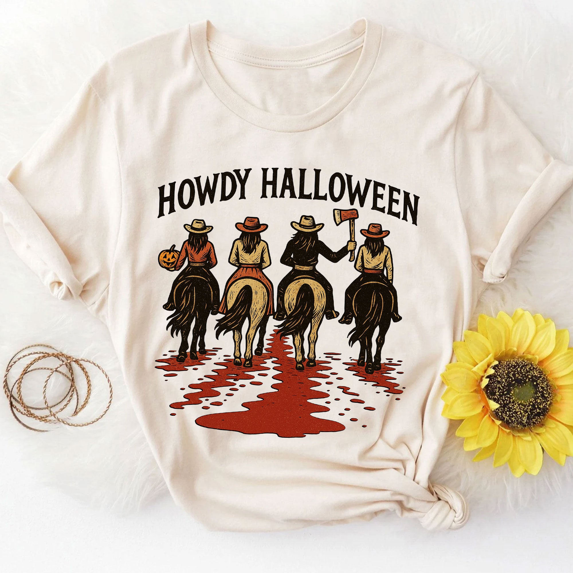 Cowboy Themed Halloween Graphic Tee - Vintage Western Horseback Riders Spooky Fall Shirt - Casual Women’s Seasonal T-Shirt
 - 8