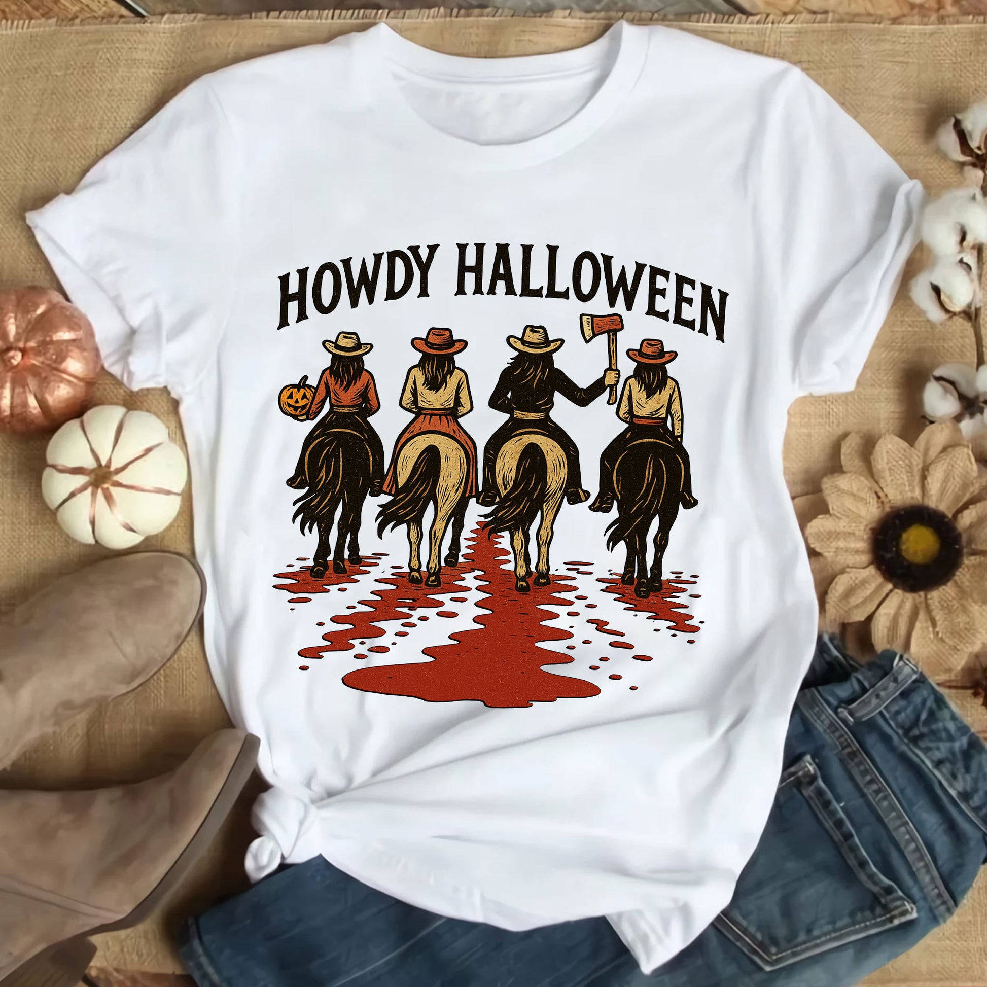 Cowboy Themed Halloween Graphic Tee - Vintage Western Horseback Riders Spooky Fall Shirt - Casual Women’s Seasonal T-Shirt
 - 9