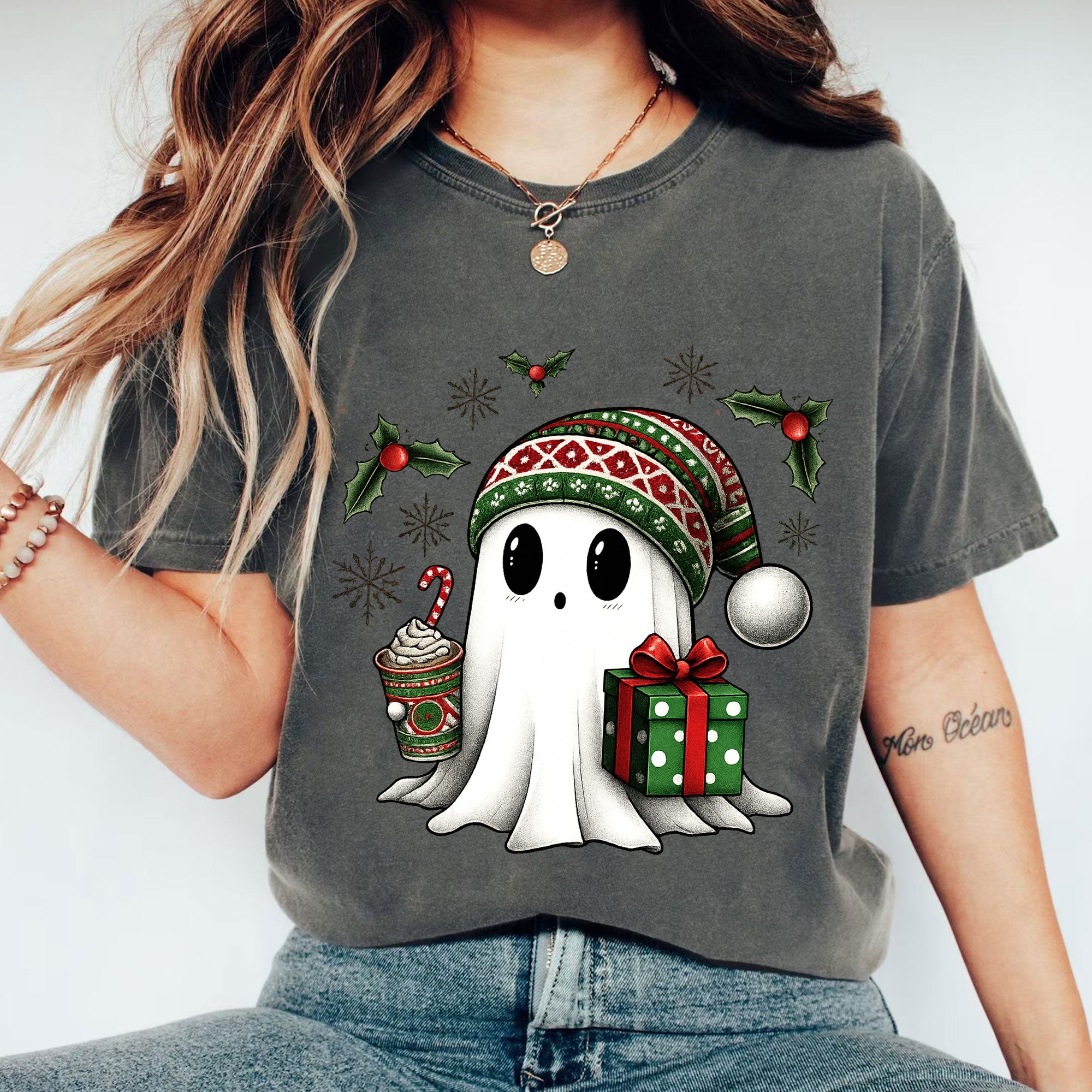 Cozy Christmas Ghost T-Shirt with Cute Festive Design - Gift Box and Hot Cocoa Print for Holiday Cheer and Winter Fun
 - 1