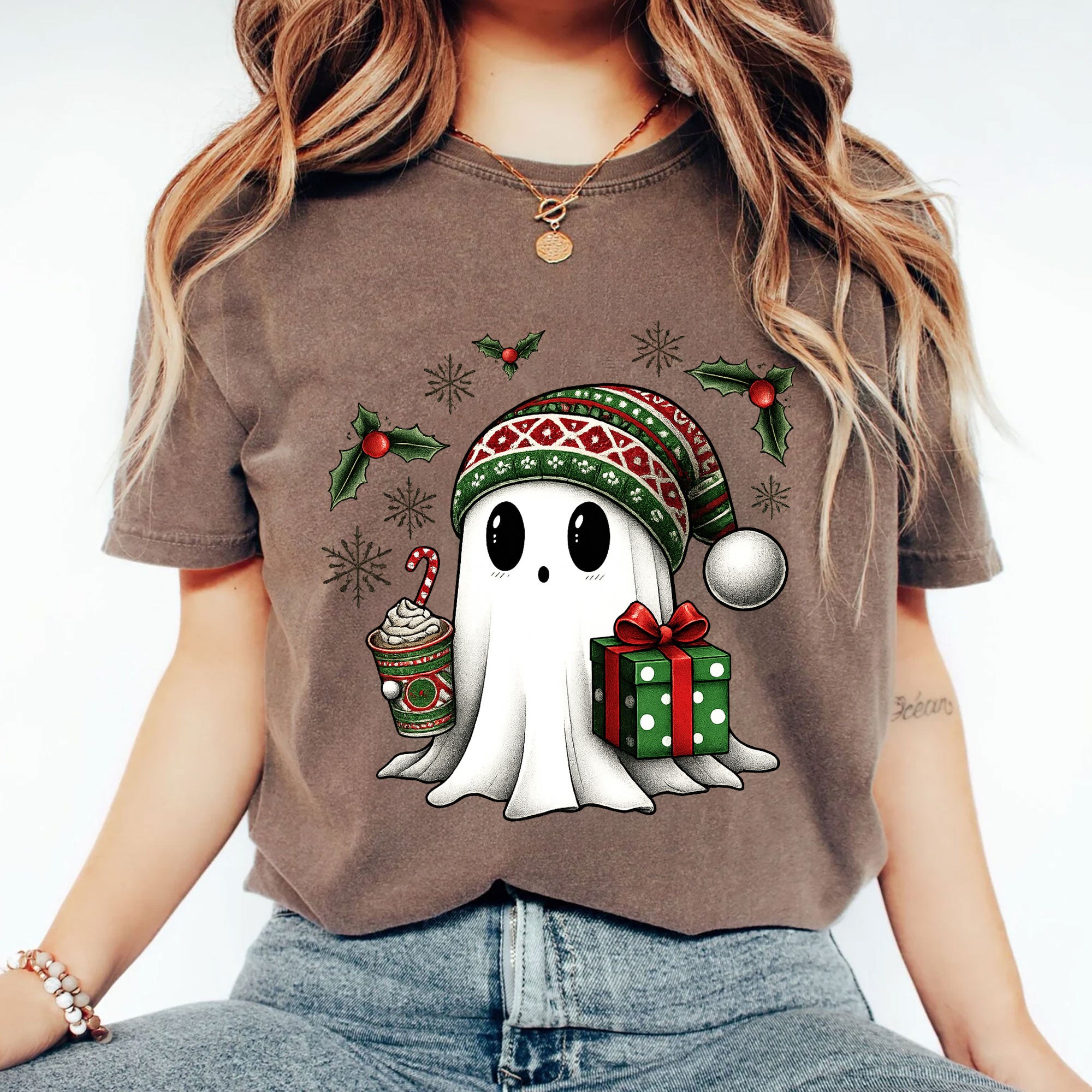 Cozy Christmas Ghost T-Shirt with Cute Festive Design - Gift Box and Hot Cocoa Print for Holiday Cheer and Winter Fun
 - 2