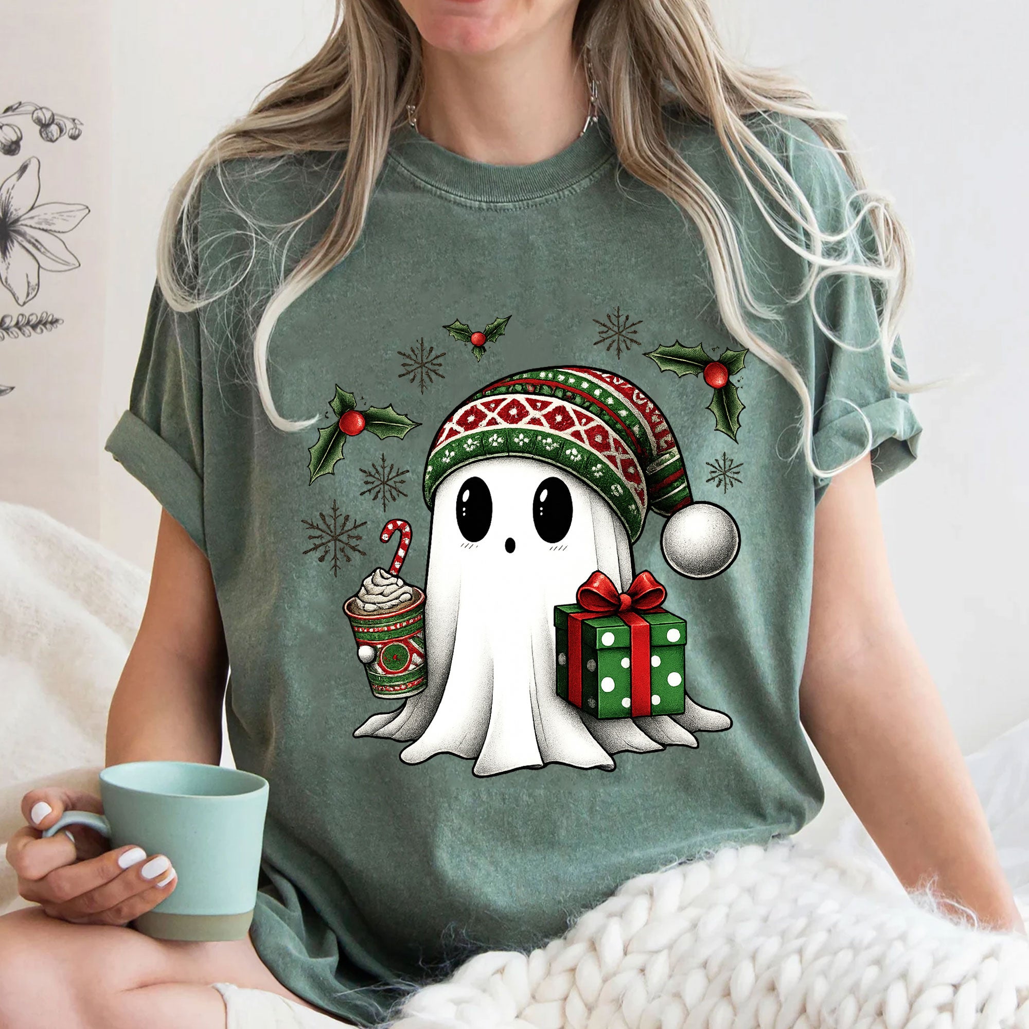 Cozy Christmas Ghost T-Shirt with Cute Festive Design - Gift Box and Hot Cocoa Print for Holiday Cheer and Winter Fun
 - 3