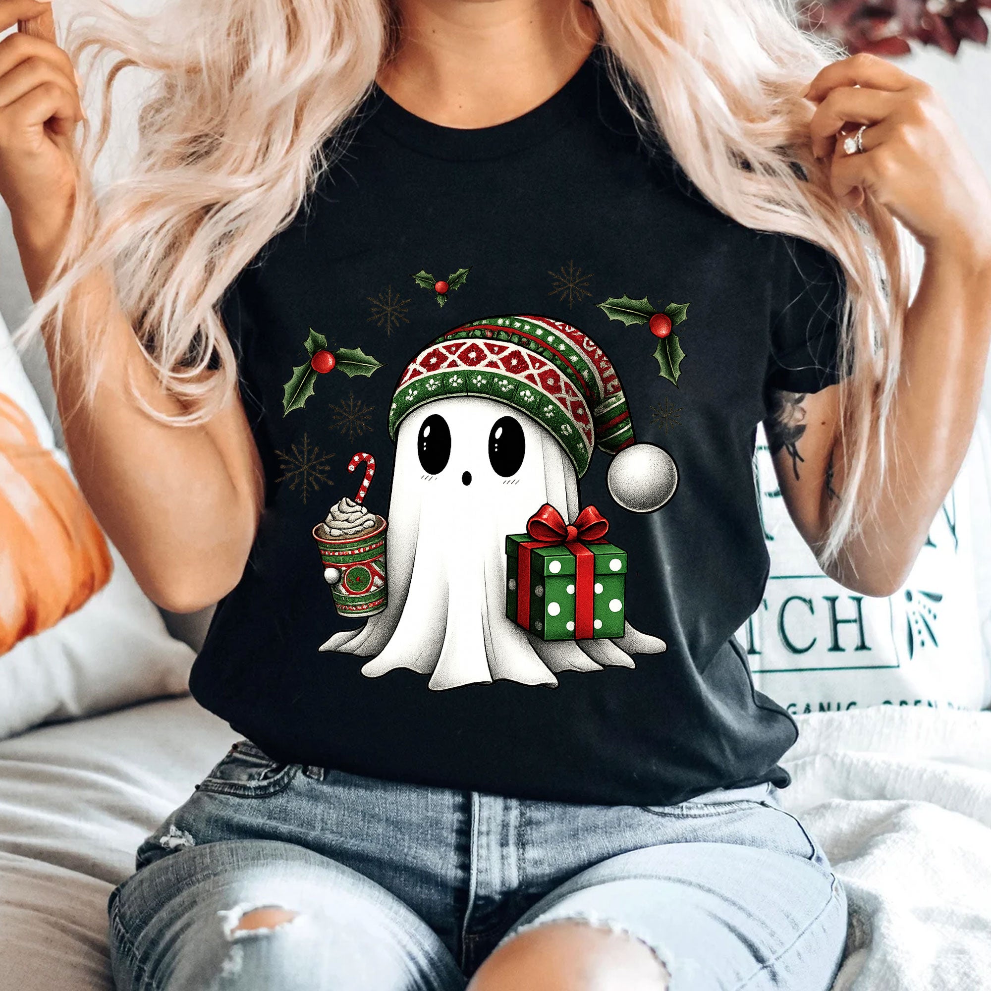 Cozy Christmas Ghost T-Shirt with Cute Festive Design - Gift Box and Hot Cocoa Print for Holiday Cheer and Winter Fun
 - 4