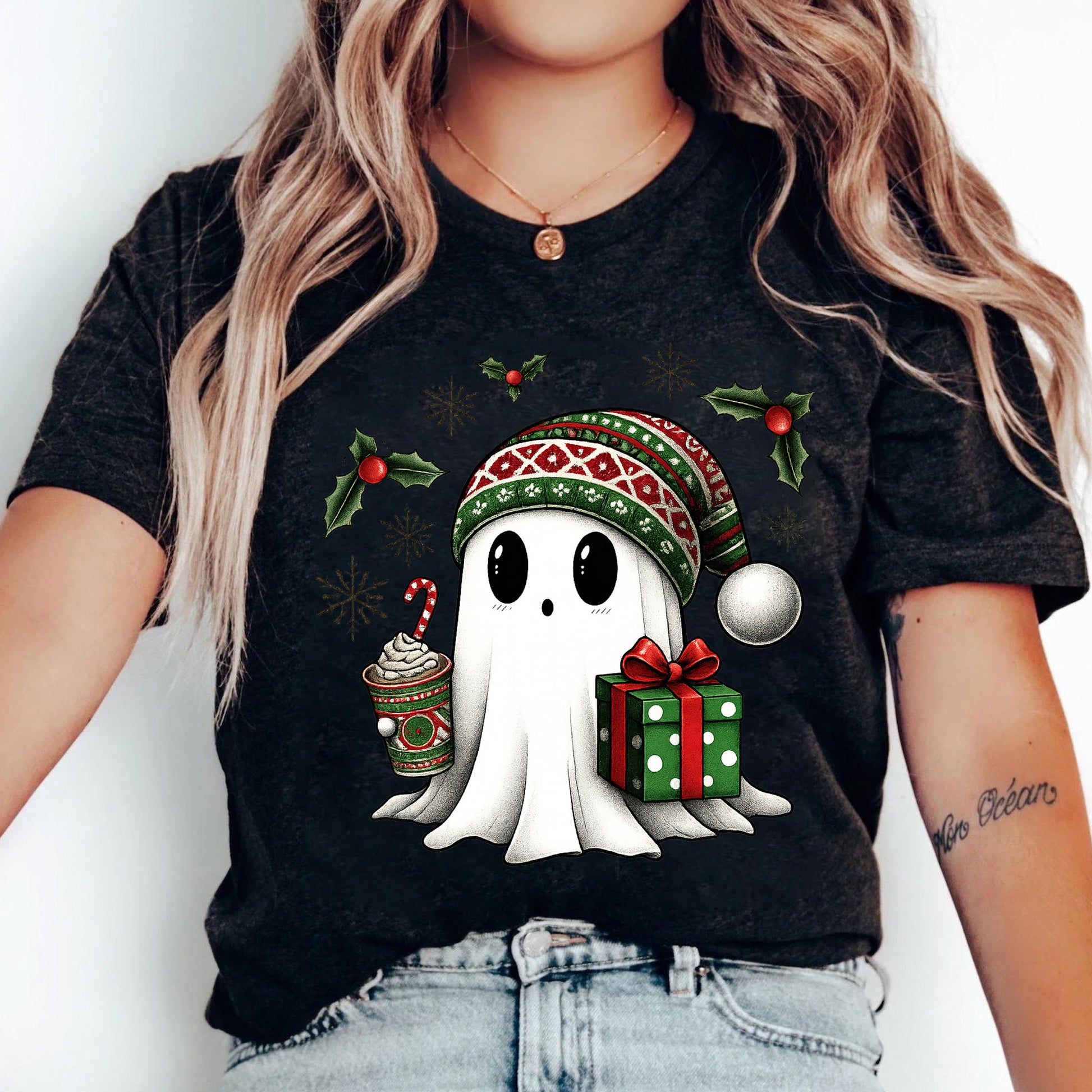 Cozy Christmas Ghost T-Shirt with Cute Festive Design - Gift Box and Hot Cocoa Print for Holiday Cheer and Winter Fun
 - 5