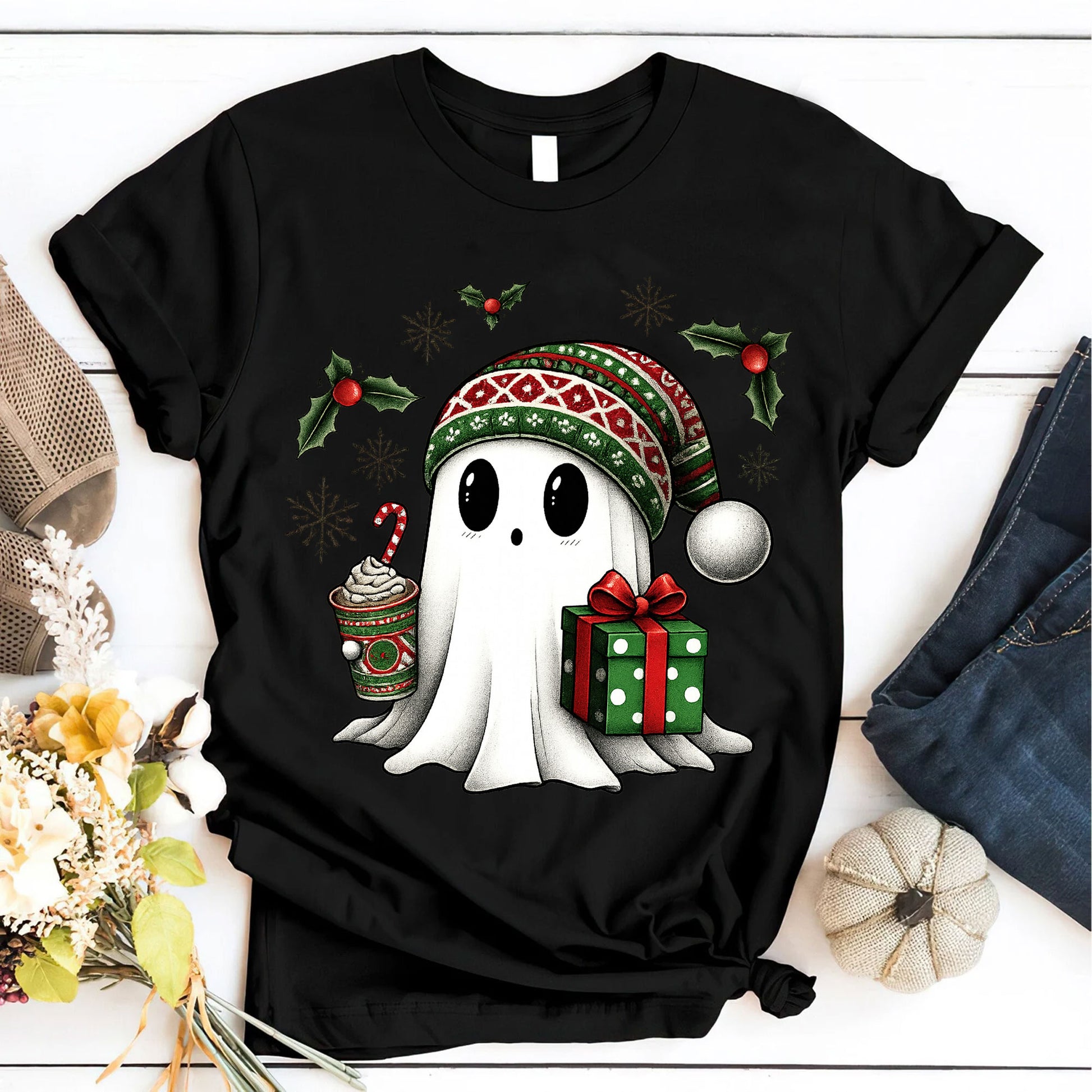 Cozy Christmas Ghost T-Shirt with Cute Festive Design - Gift Box and Hot Cocoa Print for Holiday Cheer and Winter Fun
 - 6