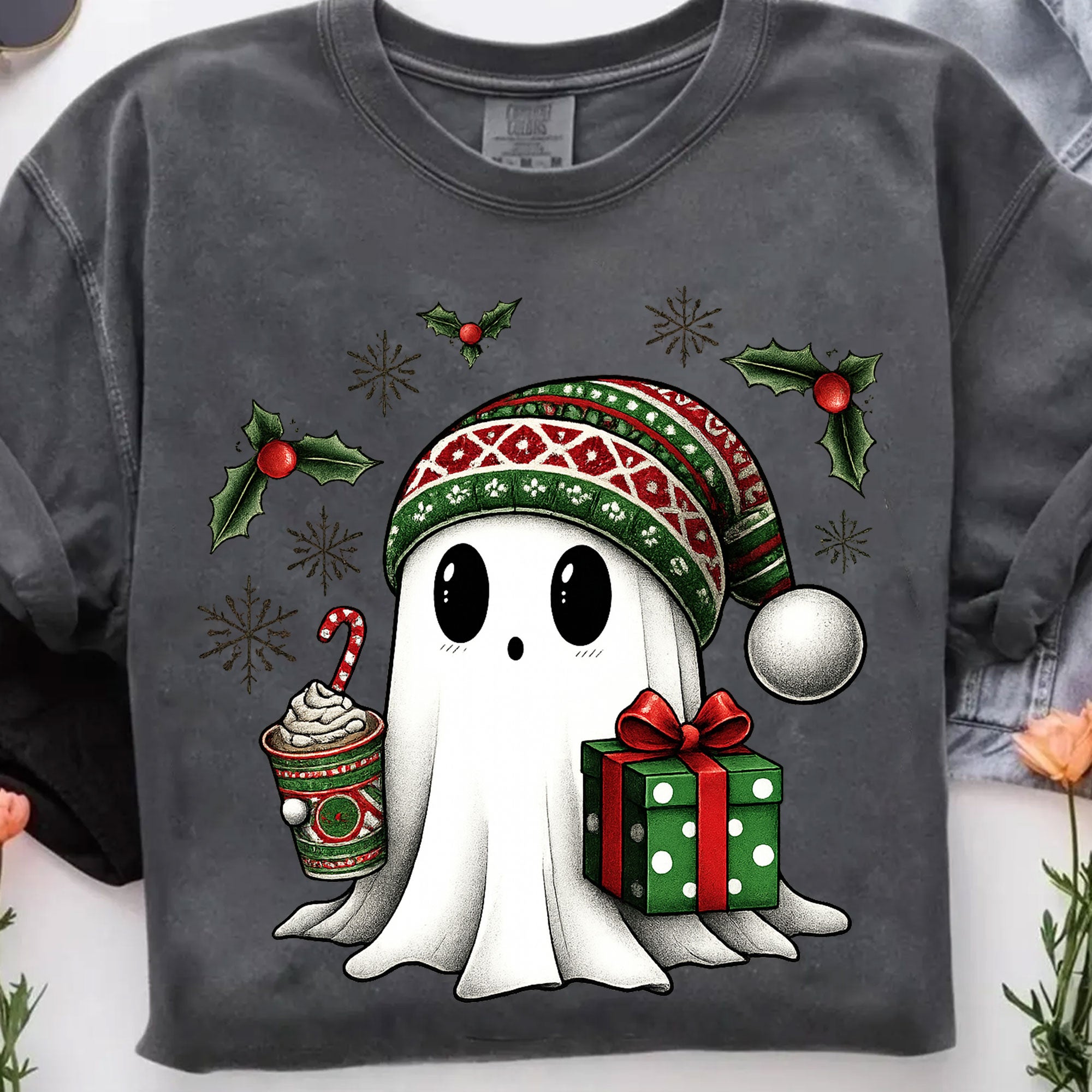 Cozy Christmas Ghost T-Shirt with Cute Festive Design - Gift Box and Hot Cocoa Print for Holiday Cheer and Winter Fun
 - 7