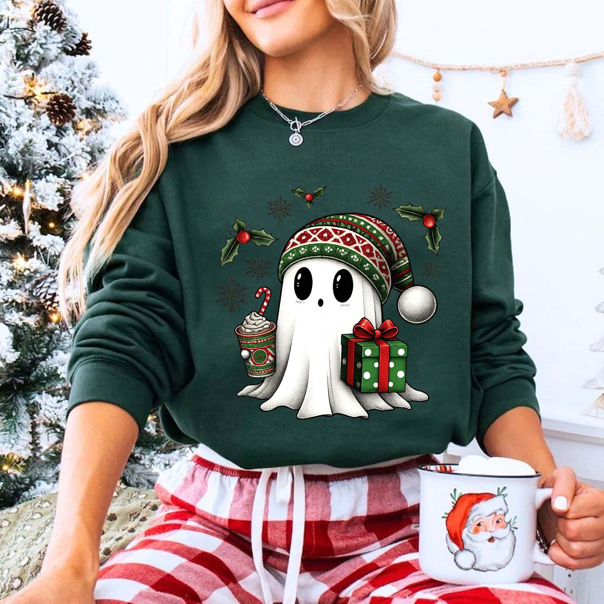Cozy Christmas Ghost T-Shirt with Cute Festive Design - Gift Box and Hot Cocoa Print for Holiday Cheer and Winter Fun
 - 8