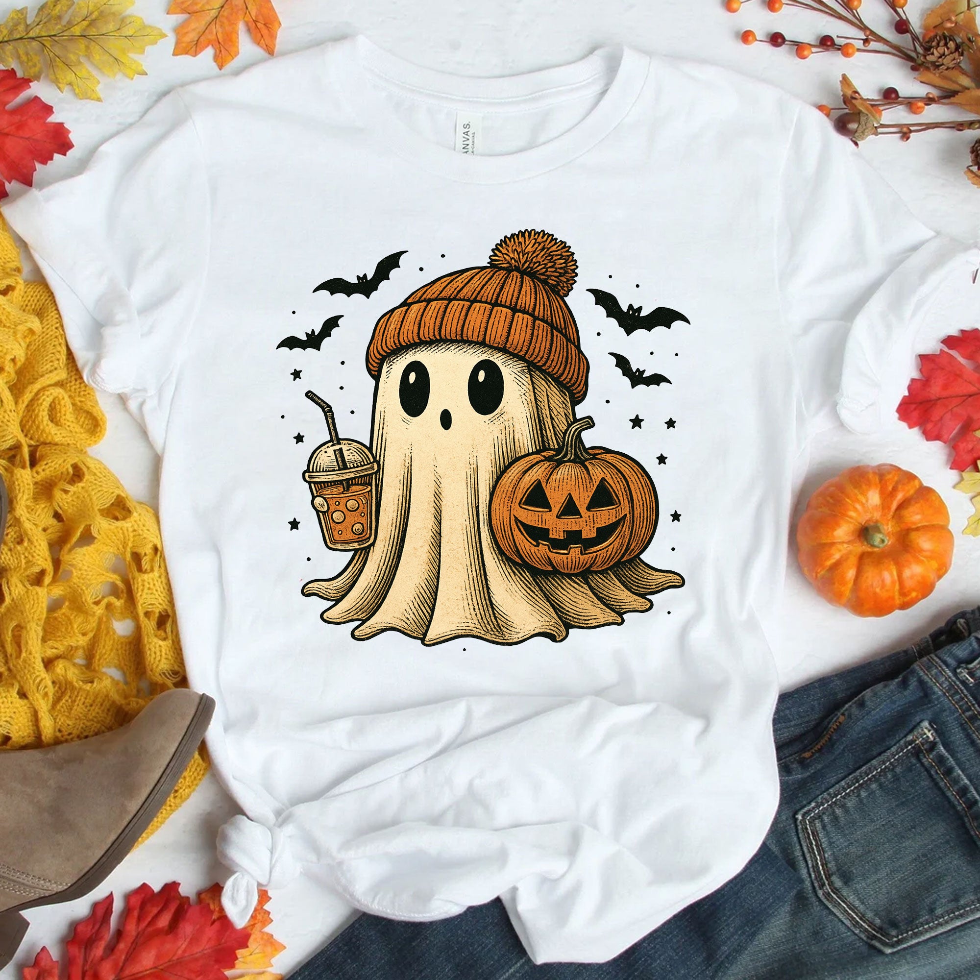 Cozy Halloween Ghost T-Shirt for Women – Cute Pumpkin & Bat Design, Casual Fall Fashion, Perfect for Spooky Season Celebrations
 - 1