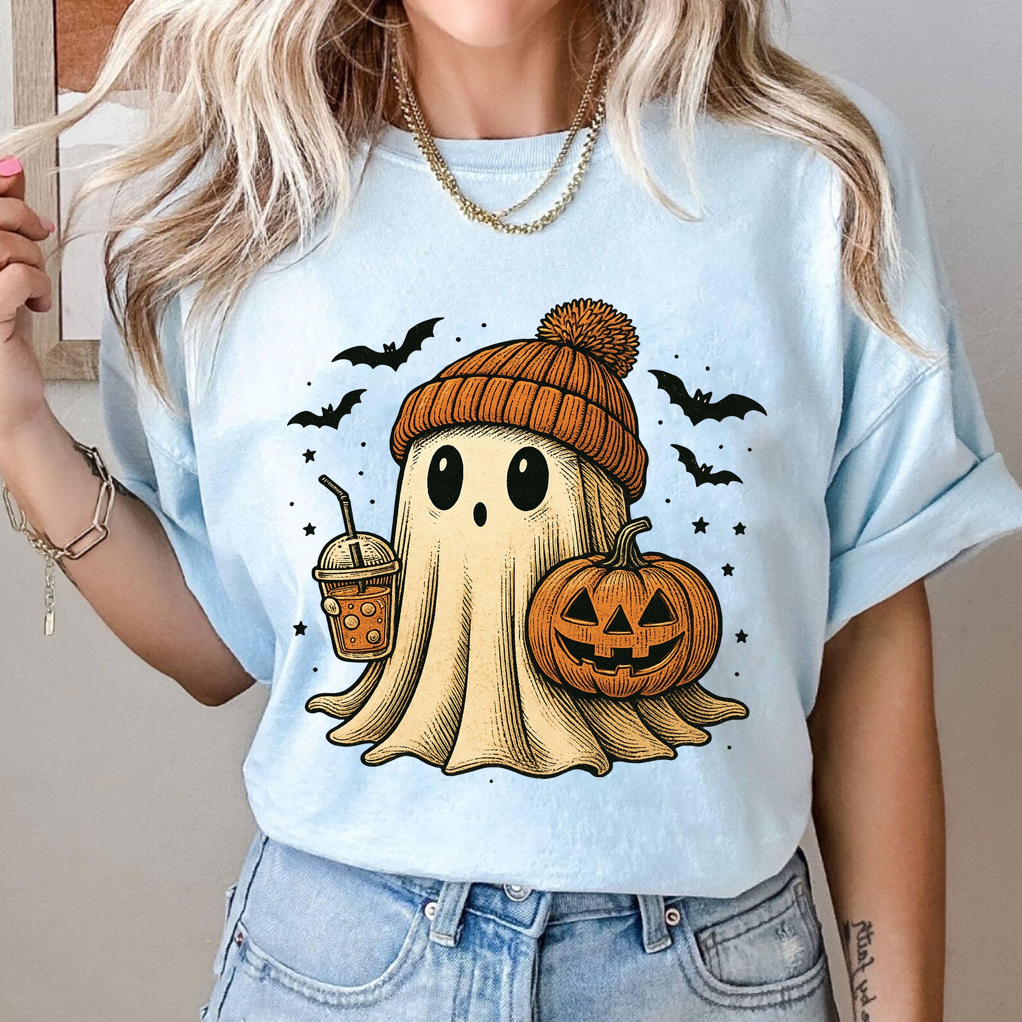 Cozy Halloween Ghost T-Shirt for Women – Cute Pumpkin & Bat Design, Casual Fall Fashion, Perfect for Spooky Season Celebrations
 - 10