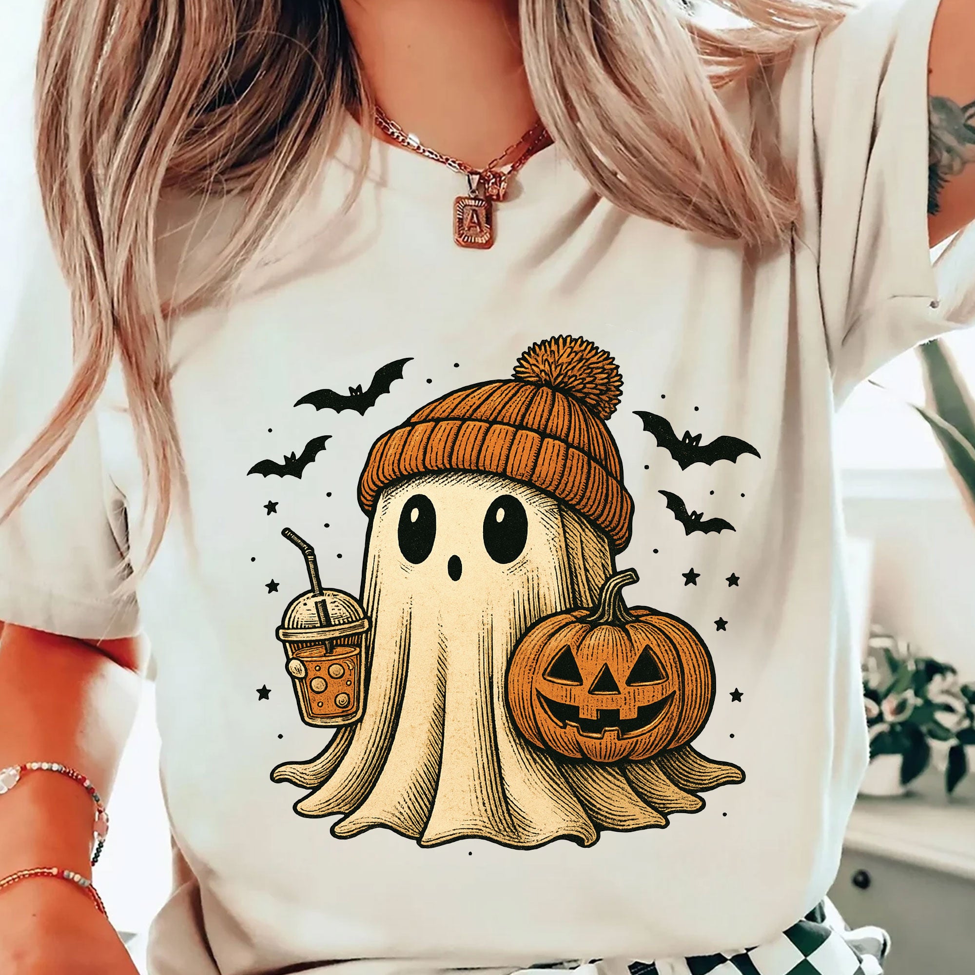 Cozy Halloween Ghost T-Shirt for Women – Cute Pumpkin & Bat Design, Casual Fall Fashion, Perfect for Spooky Season Celebrations
 - 2