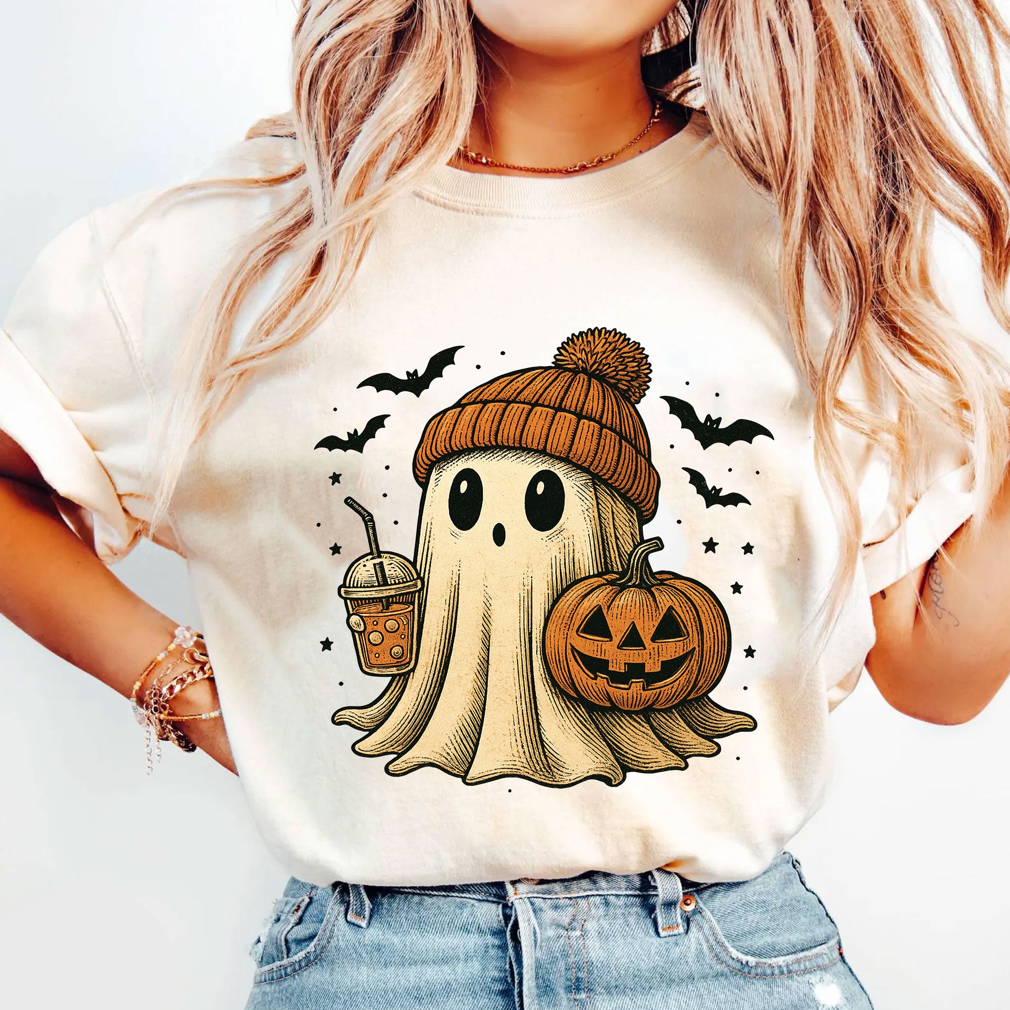 Cozy Halloween Ghost T-Shirt for Women – Cute Pumpkin & Bat Design, Casual Fall Fashion, Perfect for Spooky Season Celebrations
 - 5