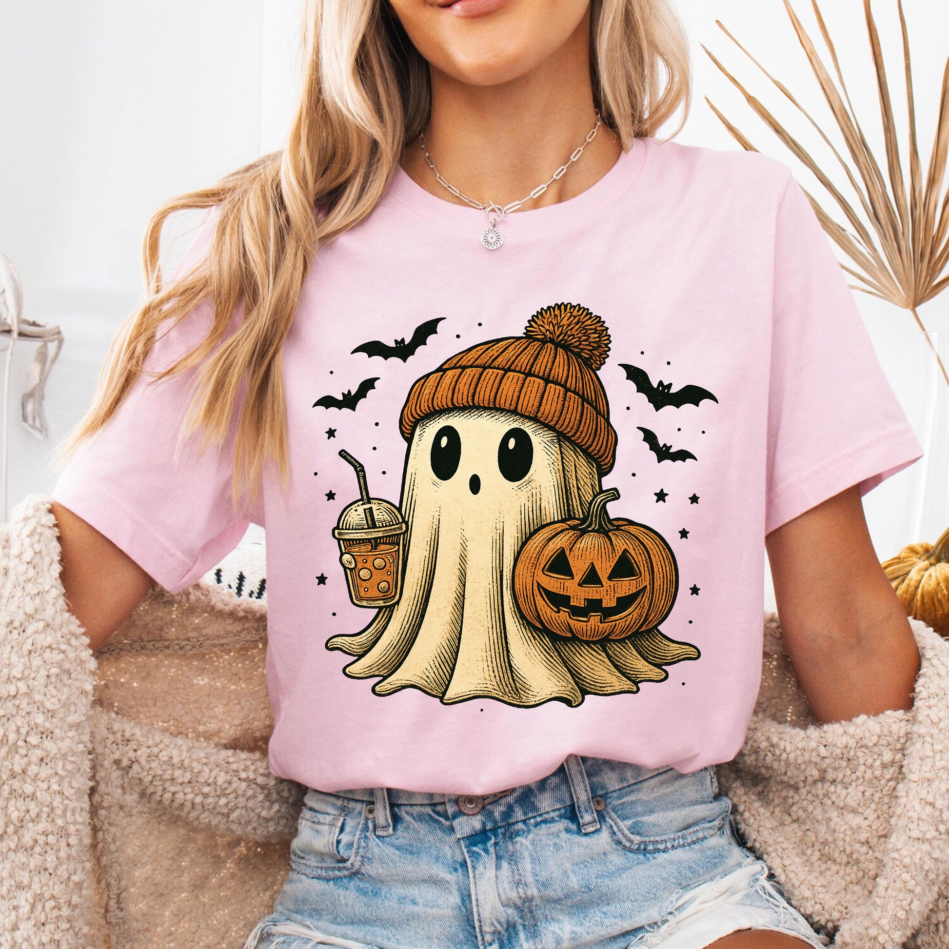 Cozy Halloween Ghost T-Shirt for Women – Cute Pumpkin & Bat Design, Casual Fall Fashion, Perfect for Spooky Season Celebrations
 - 6