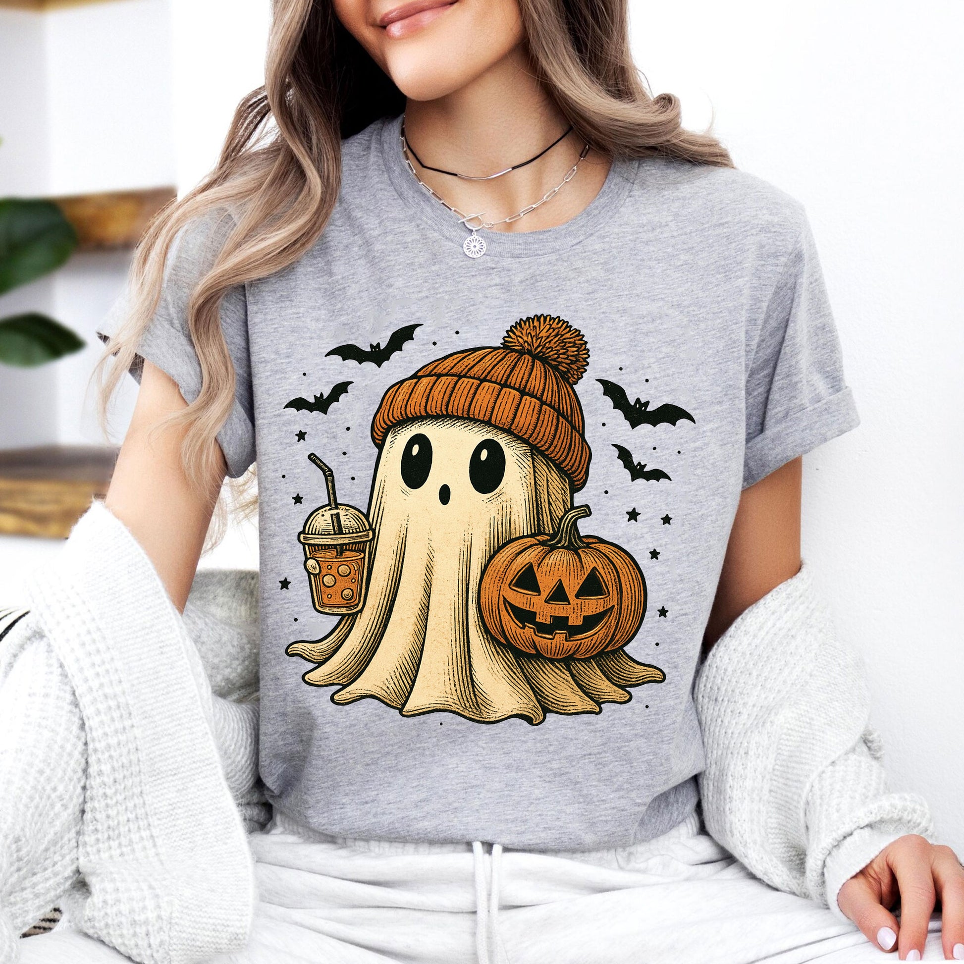 Cozy Halloween Ghost T-Shirt for Women – Cute Pumpkin & Bat Design, Casual Fall Fashion, Perfect for Spooky Season Celebrations
 - 7